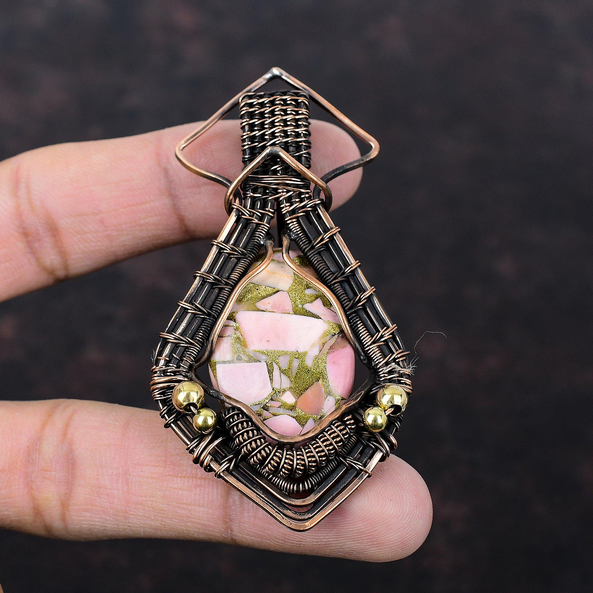Медь Розовый Опал Кулон Медная Проволока Кулон Настоящий Драгоценный Камень Кулон Ручной Работы Антикварные Медные Ювелирные Изделия Подарок На Помолвку Ювелирные Изделия Из Проволоки