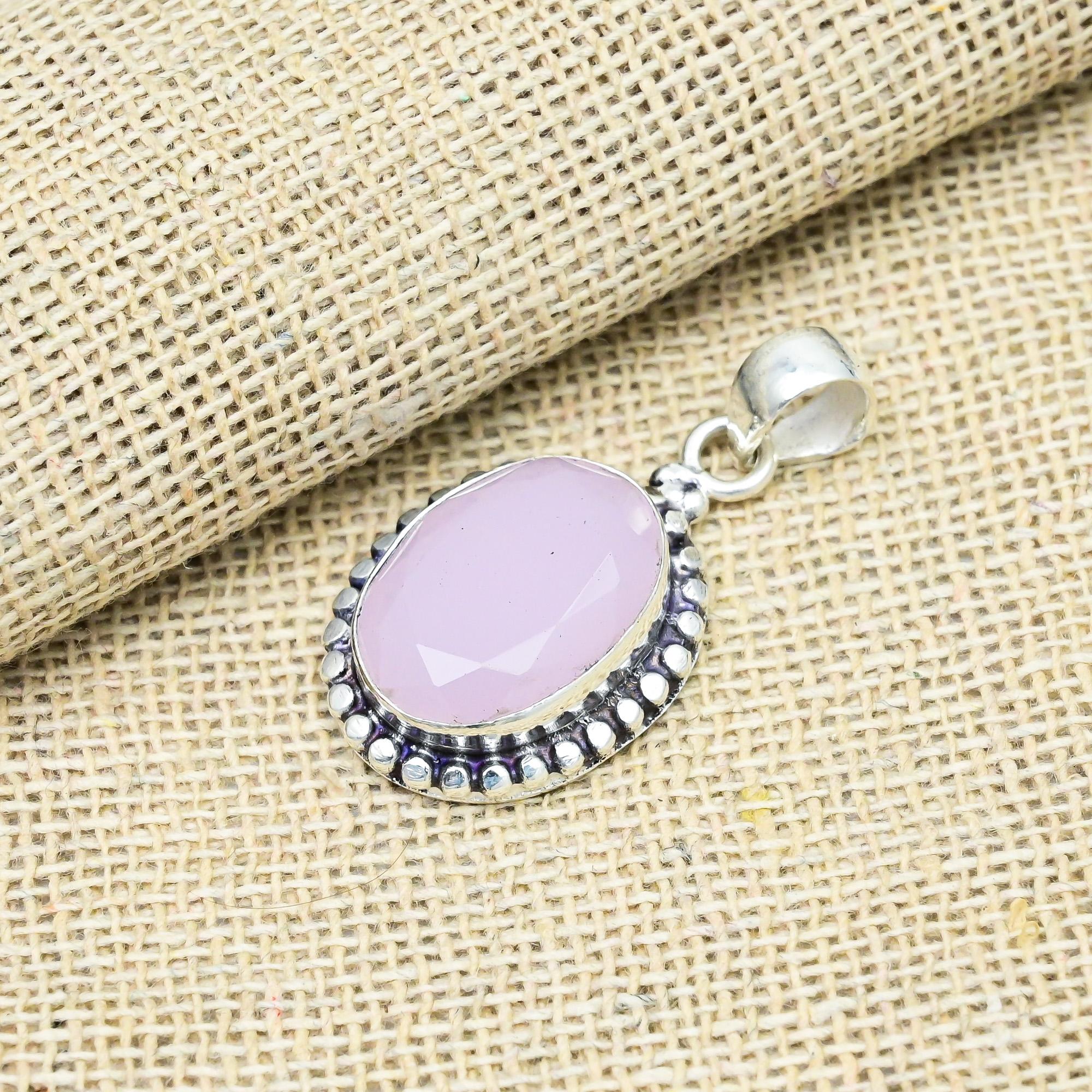 Pink Chalcedony Gemstone Handmade 925 Sterling Silver Jewelry Charming Pendant Gift For Her