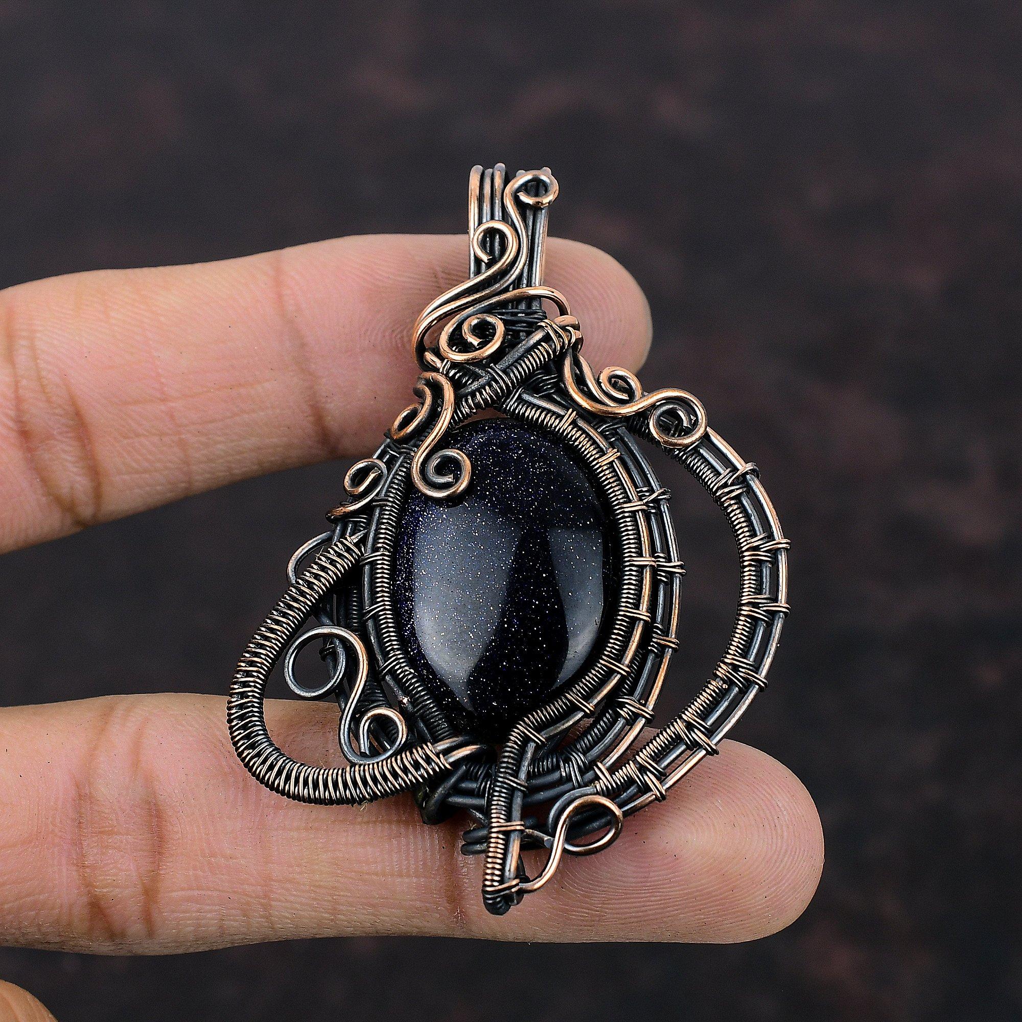 Подвеска из синего солнечного камня, медная проволока, обернутая драгоценным камнем, подвеска из проволочной обмотки, ювелирная подвеска для подарка, подвеска ручной работы, уникальный медный дизайн, ювелирные изделия