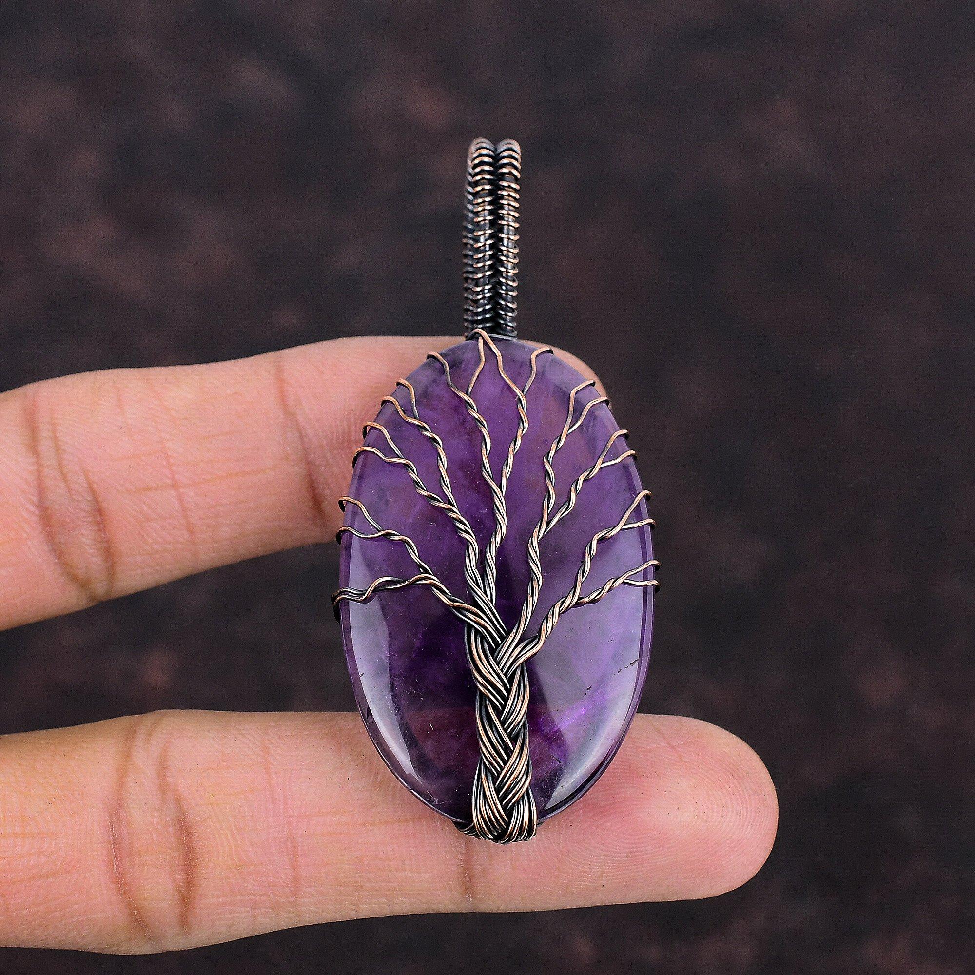 Древо жизни Звезда Аметист Подвеска Медная проволока Обернутая подвеска Драгоценный камень Подарок для матери Изумительный кулон ручной работы Медная проволока Ювелирные изделия