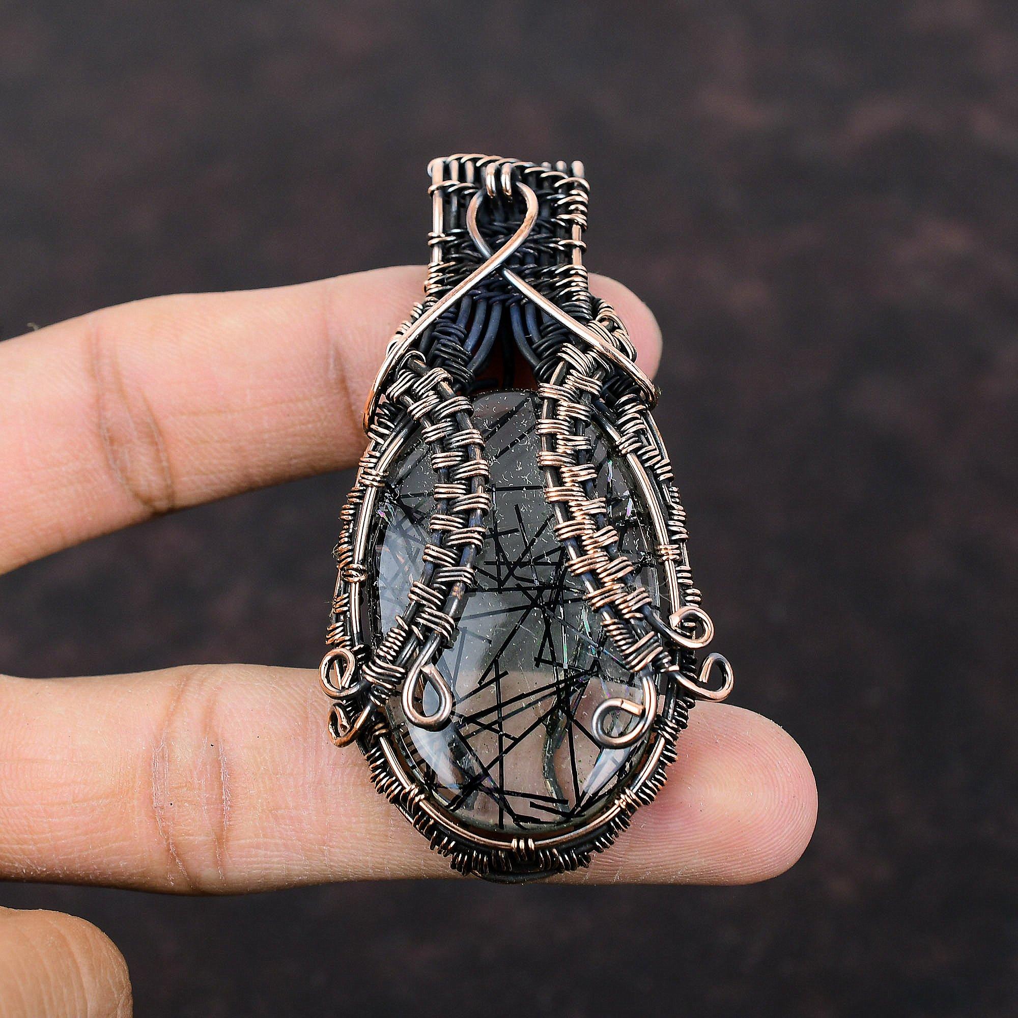 Black Rutile Pendant Copper Wire Wrapped Gemstone Pendant Antique Copper Wire Jewelry Birthstone Pendant Handmade Pendant Jewelry For Gift