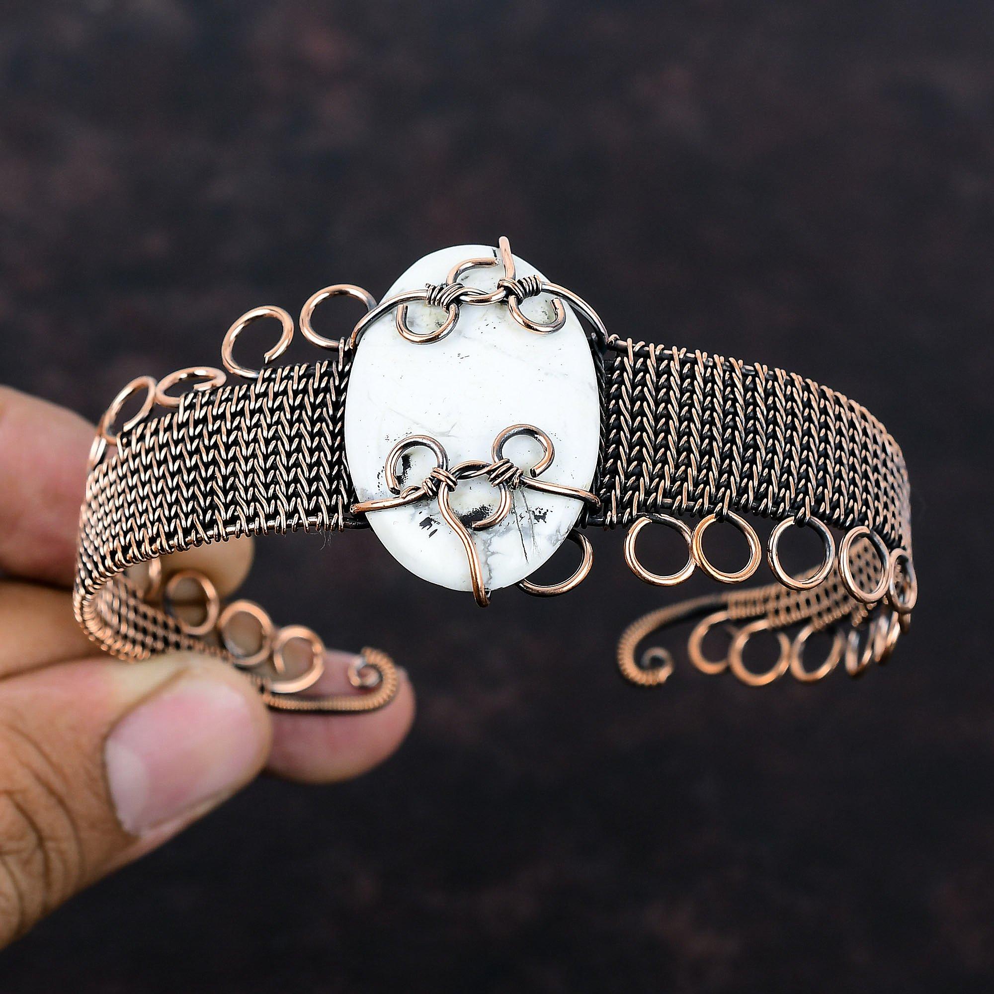 Howlite Cuff Bracelet Copper Wire Wrapped Bangle Gemstone Jewelry Adjustable Cuff Bracelet Copper Wire Jewelry Handmade Bangle Gift For Wife