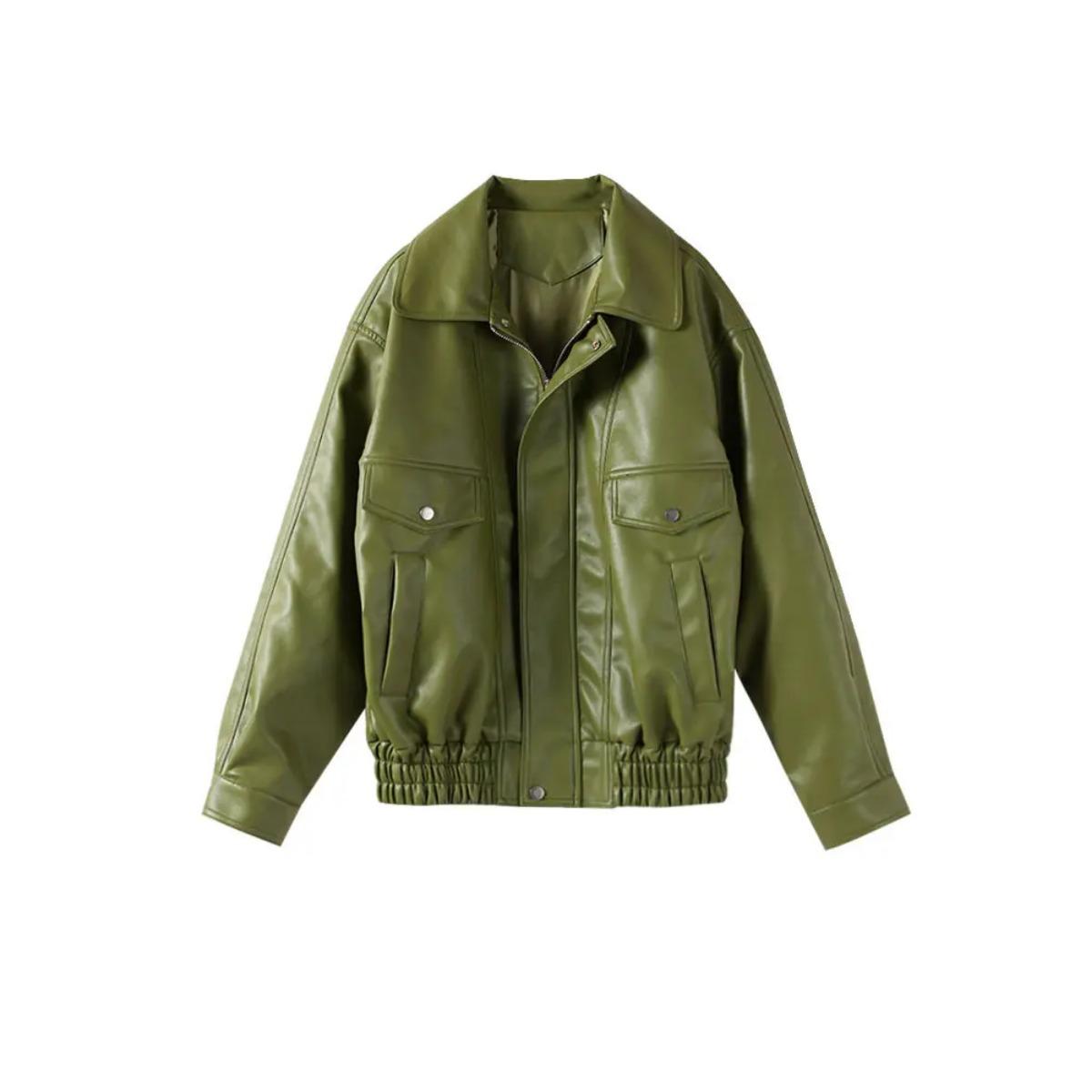Оливково-зеленая кожаная куртка, пальто, силуэт, винтажный, уличный тренд, молния, лацкан, короткое пальто, свободный повседневный топ, верхняя одежда, осень