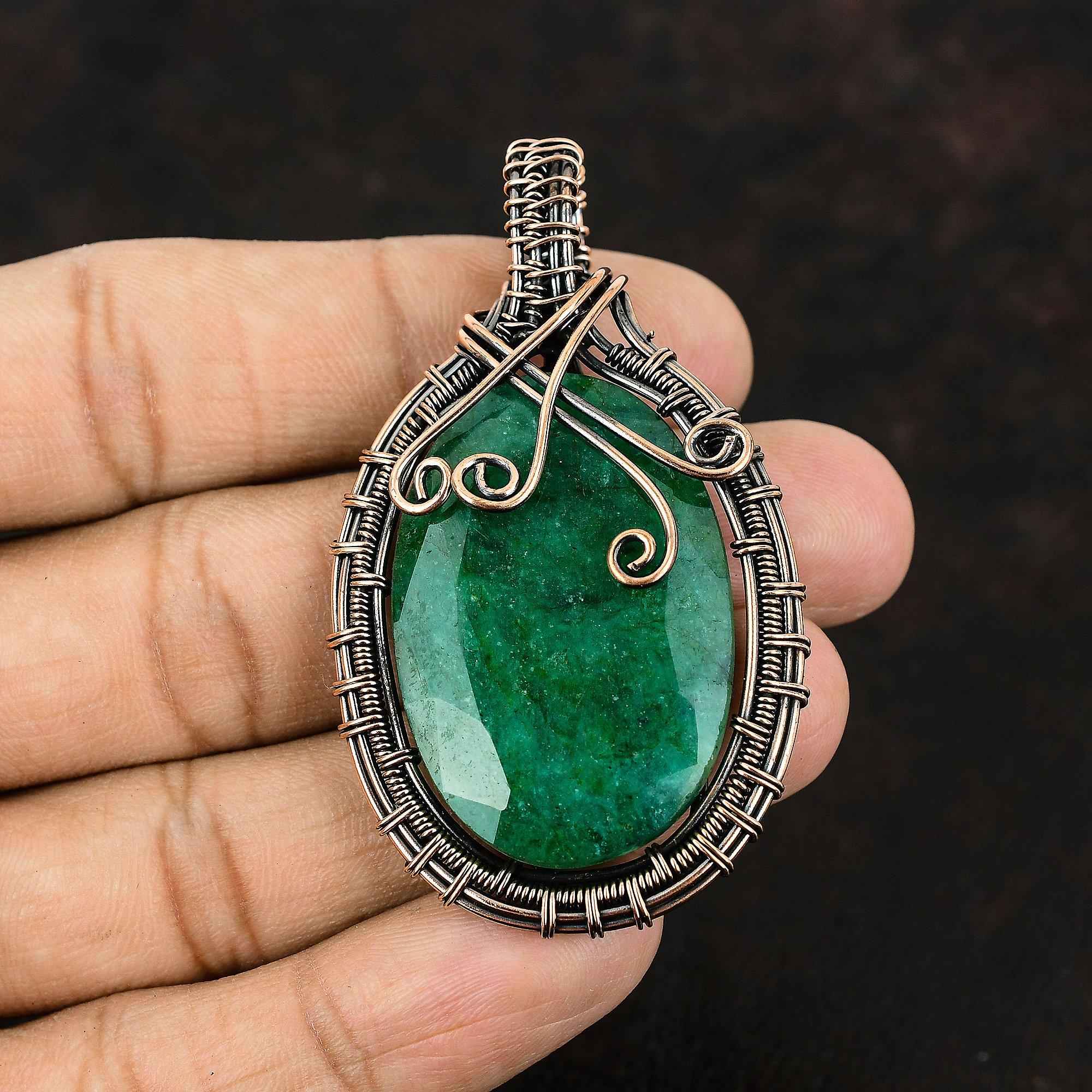 Замбийский изумрудный медный кулон, обернутый медной проволокой, медный изумруд, ювелирное изделие ручной работы, кулон для нее, подарок для матери, ювелирные изделия из драгоценных камней