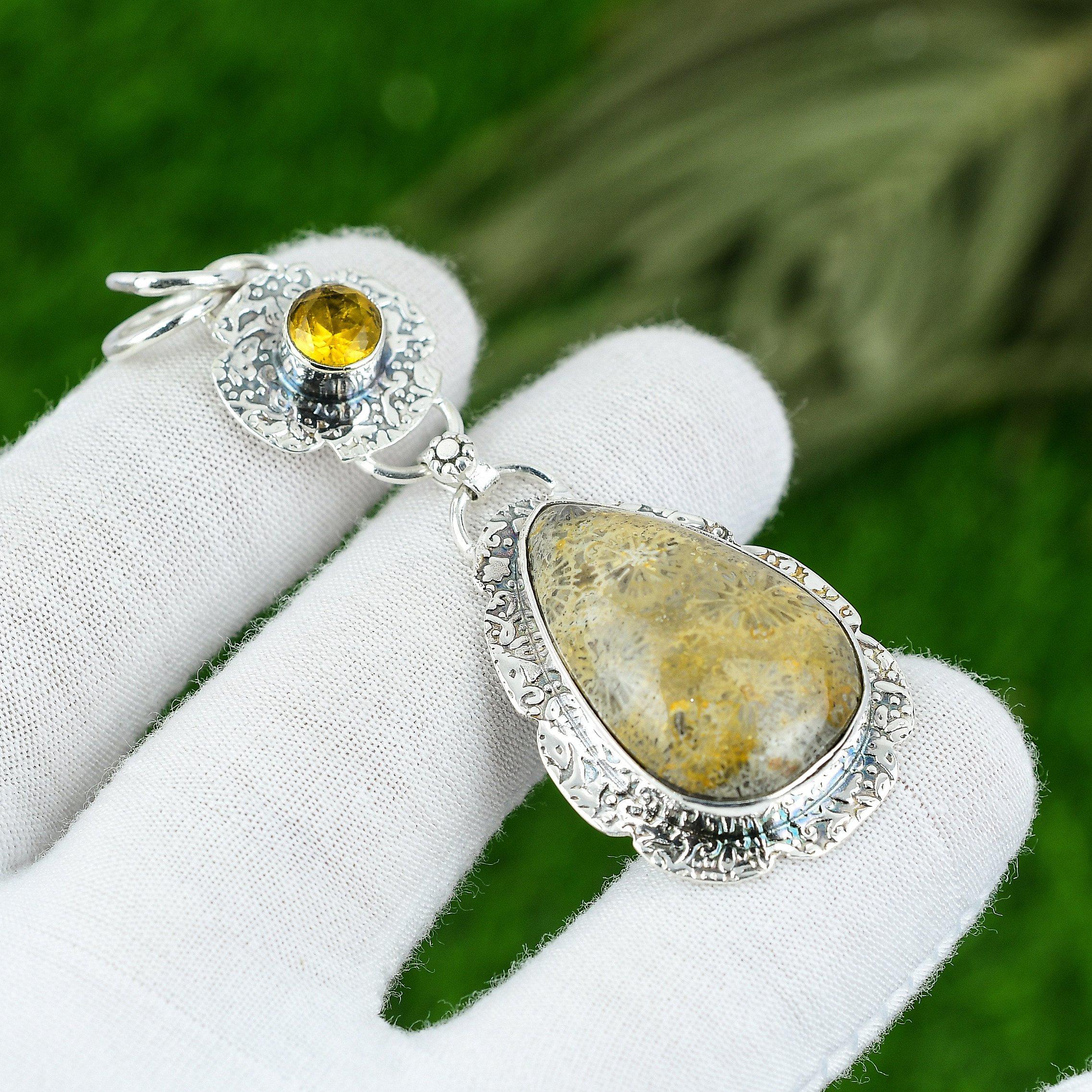 Natural Fossil Coral Gemstone Pendant Yellow 925 Sterling Silver Indian Jewelry