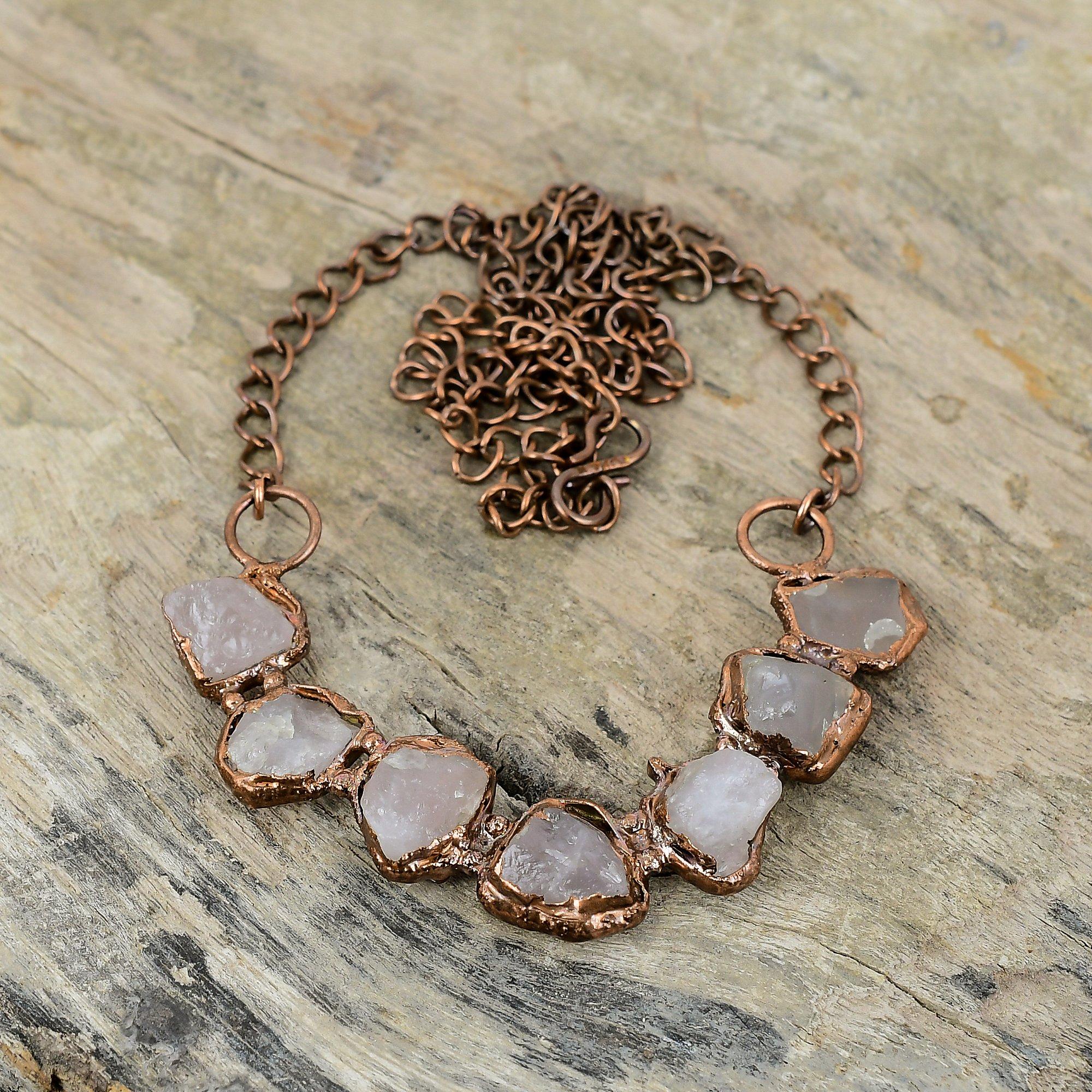 Грубое ожерелье из розового кварца, электроформованное медное ожерелье, регулируемое цепочное ожерелье, драгоценные камни, электроформованные ювелирные изделия для подарка, ожерелье ручной работы