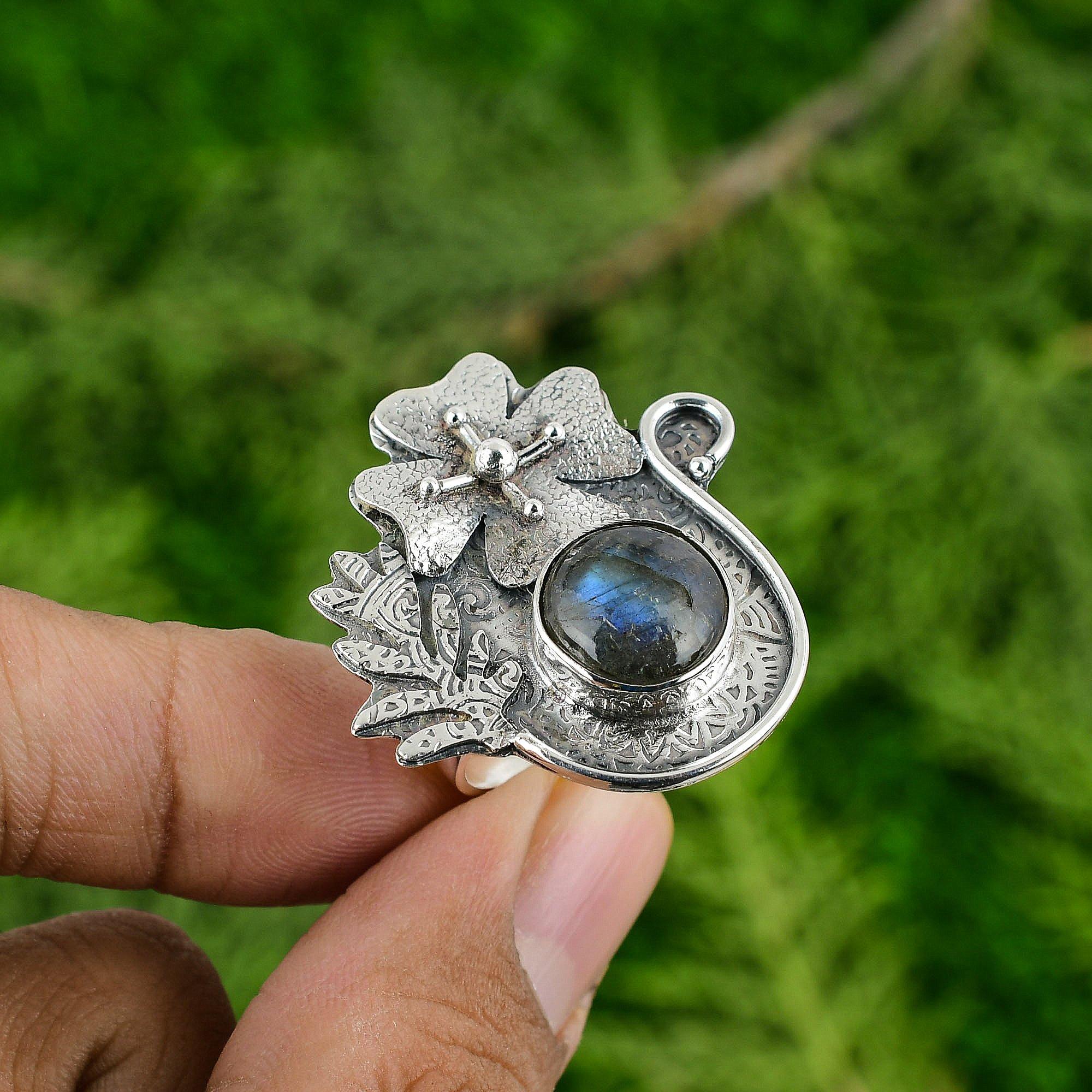 Sterling Silver Labradorite Gemstone Wife Stackable Art Deco Flower Ring Jewelry