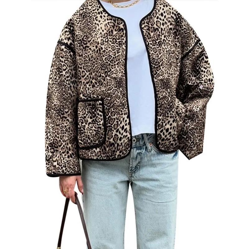 Fashion Leopard Printed Patchwork Coats for Women Casual Long Sleeve Loose Female Cotton Jacket 2024 Autumn Winter New Pocket Outerwear