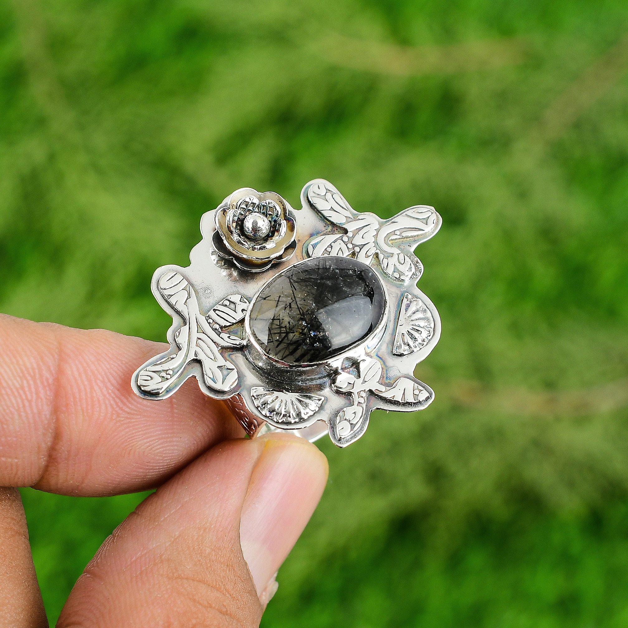 Gift For Her Natural Black Rutile Statement Flower Adjustable Ring 925 Silver
