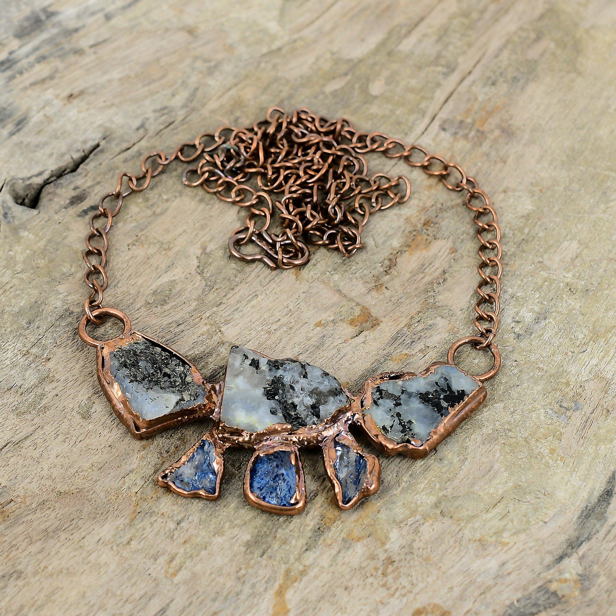 Радужное ожерелье из лунного камня, грубое ожерелье, медное ожерелье, изготовленное гальваническим методом, регулируемое ожерелье-цепочка, ювелирные изделия, изготовленные гальваническим методом, ожерелья с драгоценными камнями ручной работы