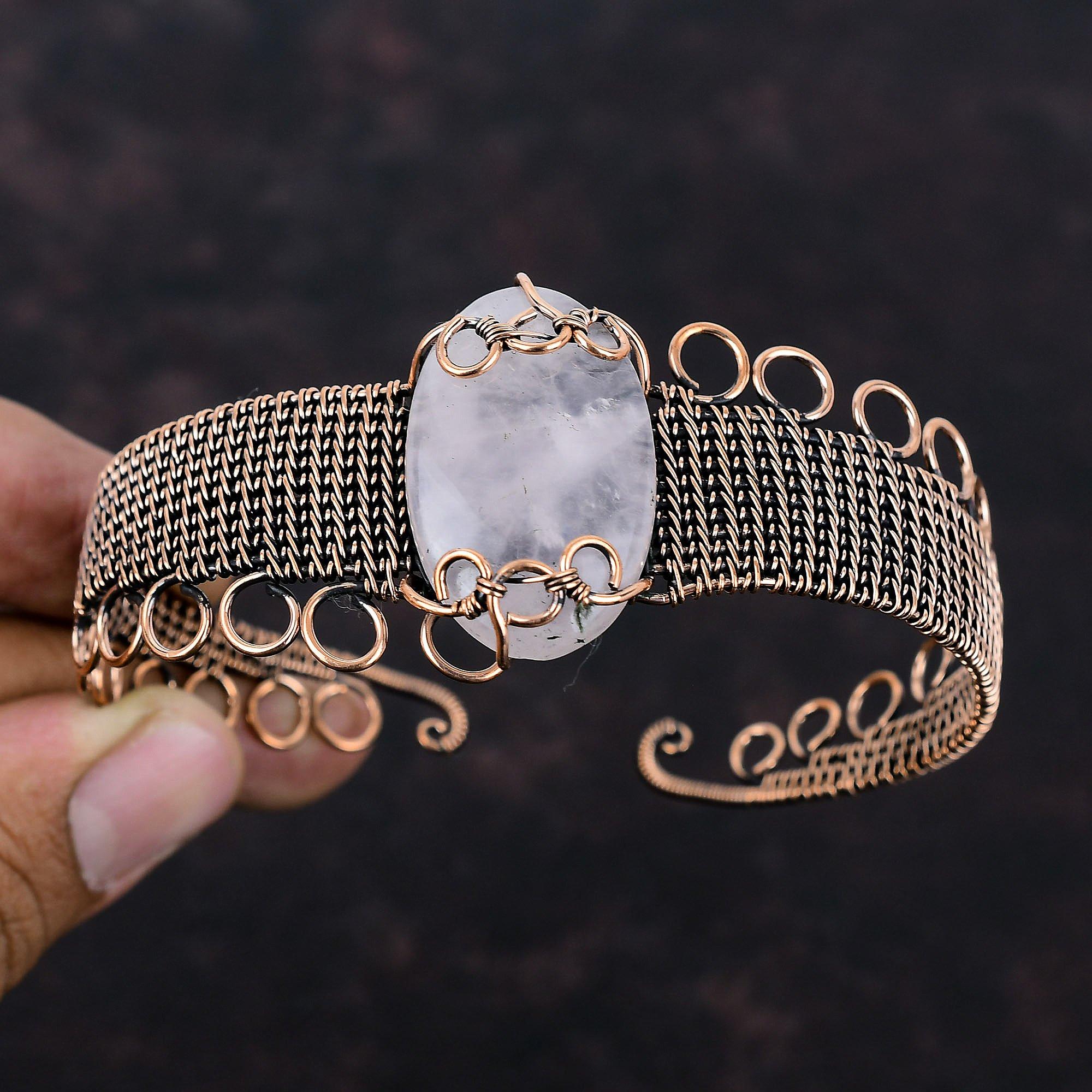 Браслет из розового кварца, медная проволока, браслет-манжета, регулируемый браслет с драгоценными камнями, ручная работа, медные украшения, подарок для него, проволочная обмотка, ювелирные изделия