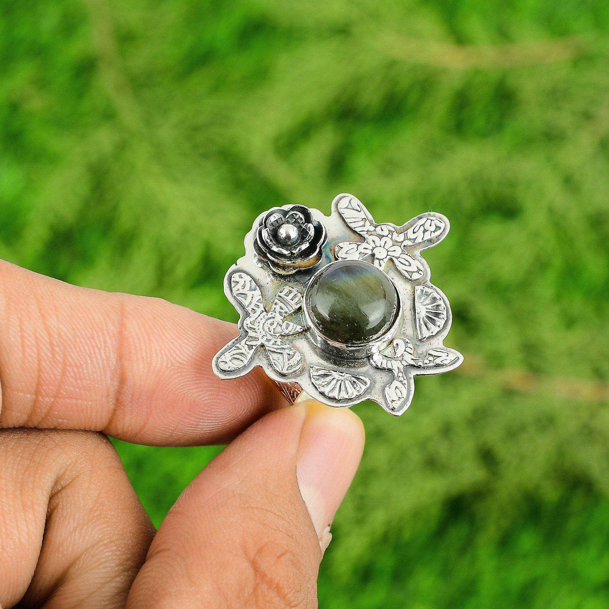 Лабрадорит Драгоценный Камень Цветок на День Рождения Заявление Кольцо Ювелирное Изделие 925 Стерлинговое Серебро