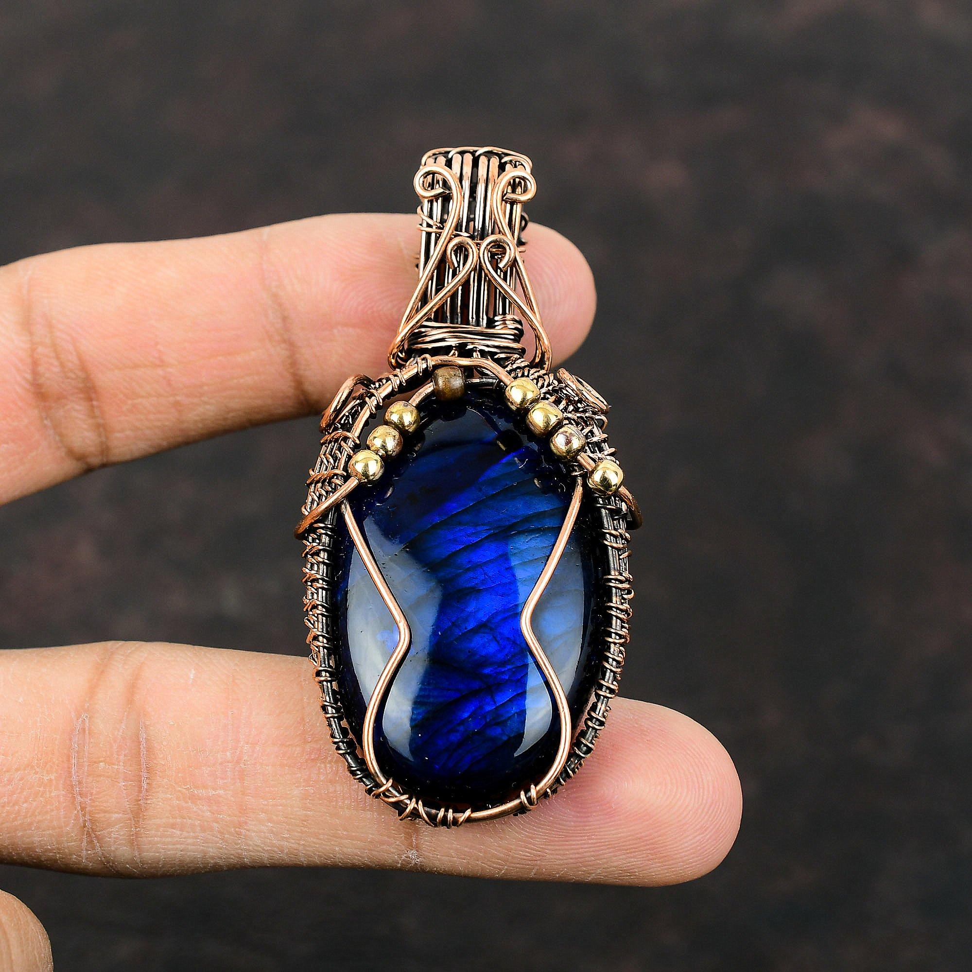 Голубой огненный лабрадоритовый кулон, медная проволочная обертка, подвеска ручной работы из драгоценного камня, медные украшения для подарка, достойный кулон, проволочная обертка, ювелирные изделия