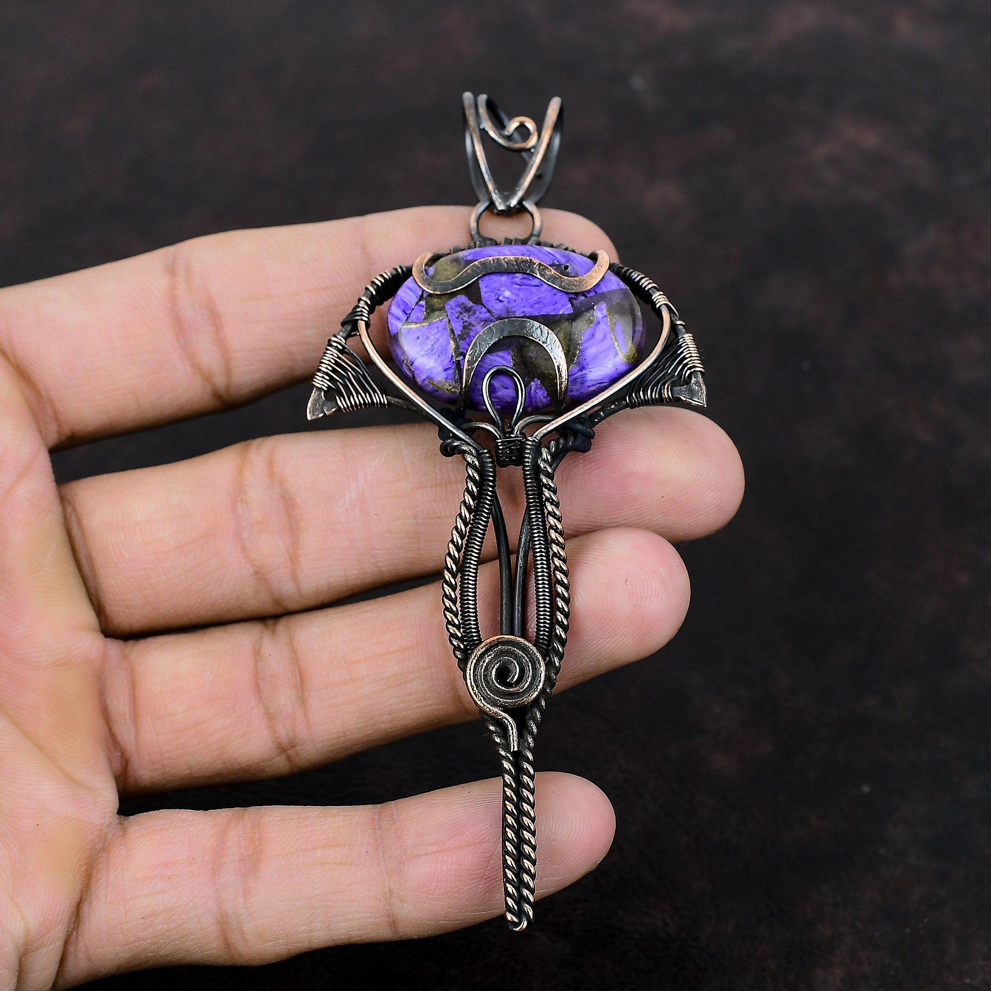 Медный кулон с чароитом, обернутый медной проволокой, кулон из натурального драгоценного камня, дизайнерский кулон ручной работы, чудесное медное ювелирное украшение в подарок для нее