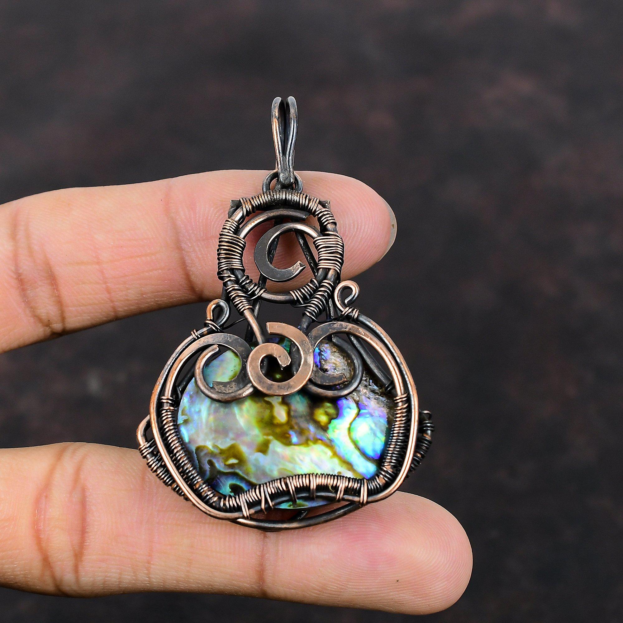 Подвеска из ракушки ушка, медная проволочная обертка, драгоценный камень из ракушки ушка, подвеска ручной работы, медные украшения, уникальный кулон, подарок для него