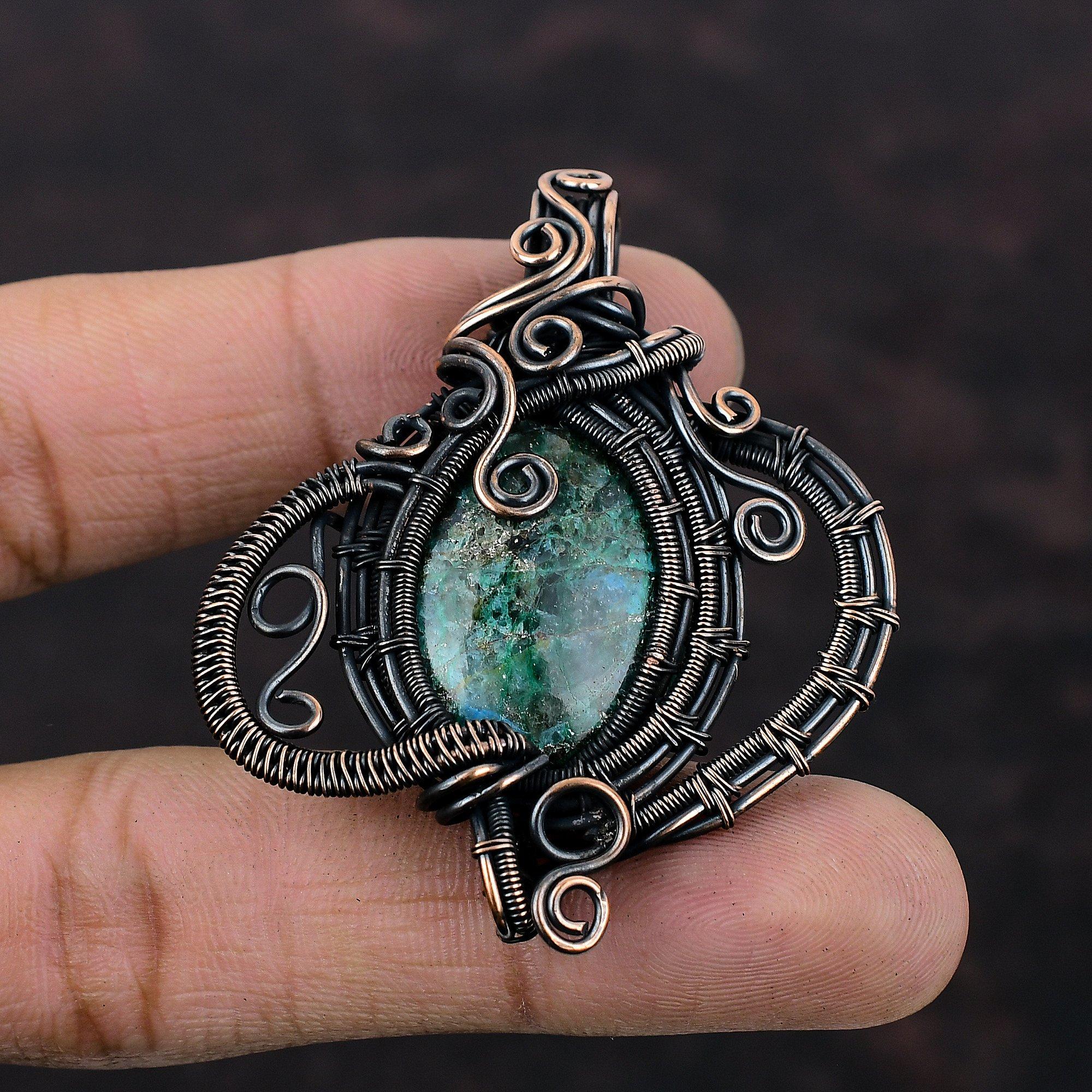 Кулон из хризоколлы, кулон из медной проволоки, кулон с драгоценным камнем, красивые медные украшения, кулон ручной работы, ювелирный подарок для мамы