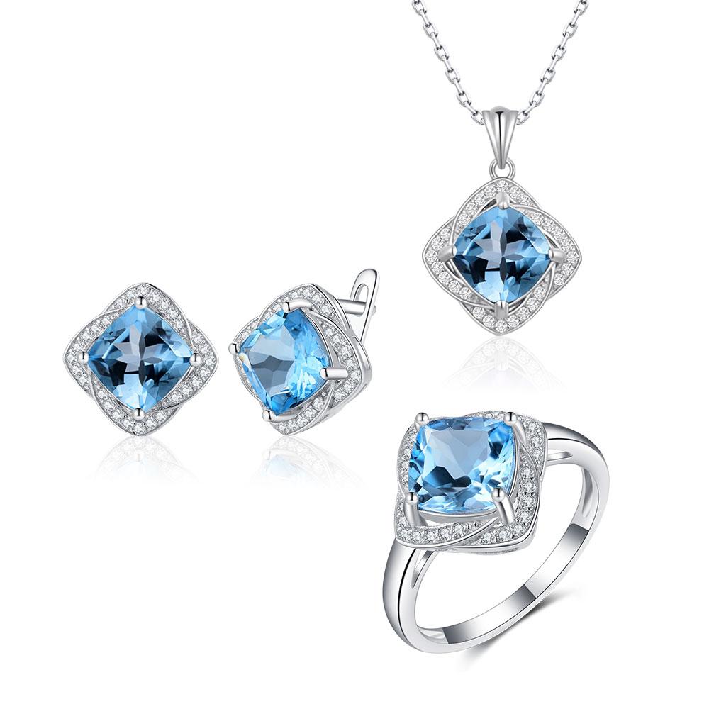 Natural Cushion Sky Blue Topaz Jewelry Set 925 Sterling Silver Ring Earring Pendant for Women Wife Nice Gift