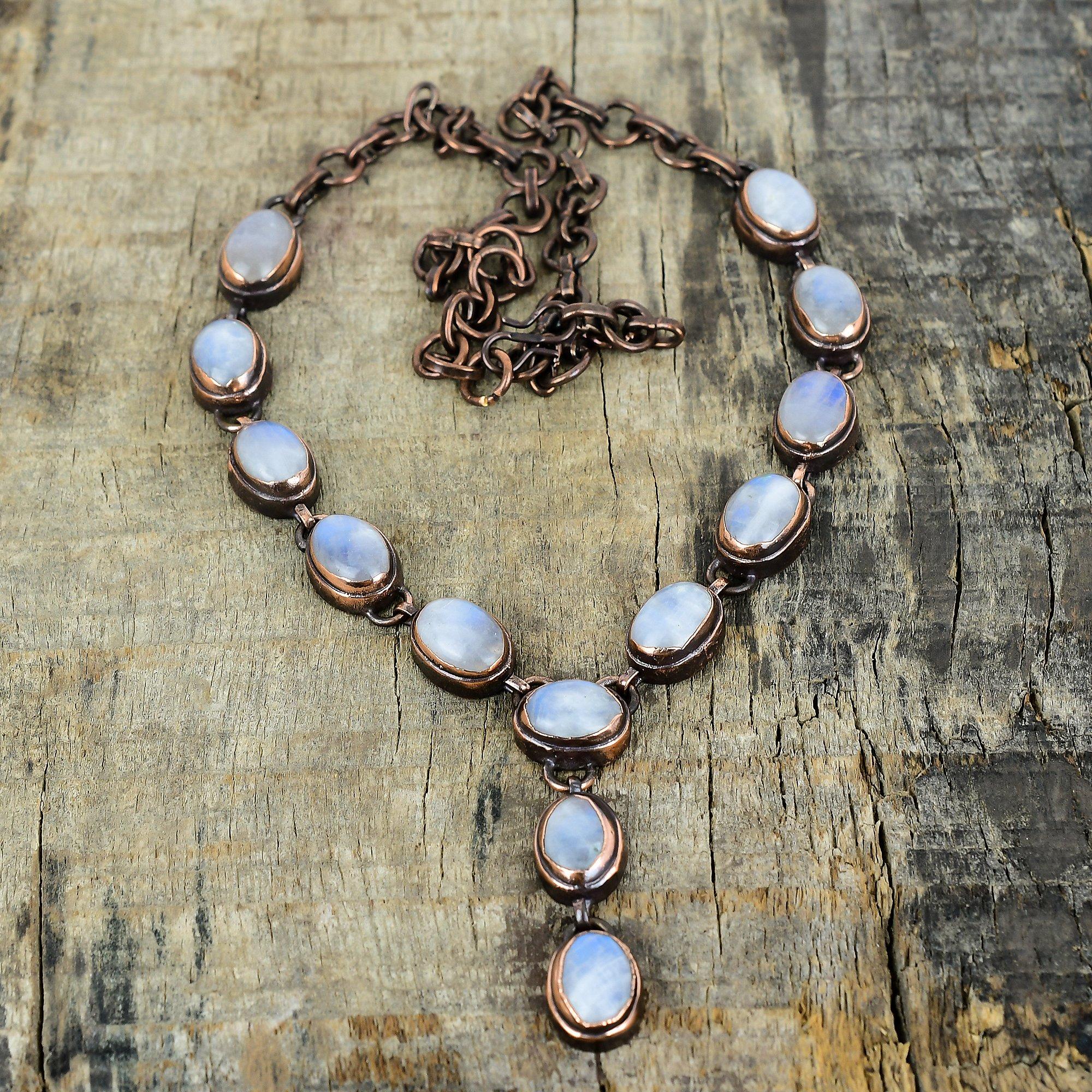 Ожерелье из радужного лунного камня, ожерелье из электроформованной меди, ожерелье с регулируемой цепочкой, медные украшения, ожерелье из драгоценного камня, ожерелье ручной работы, свадебные подарки
