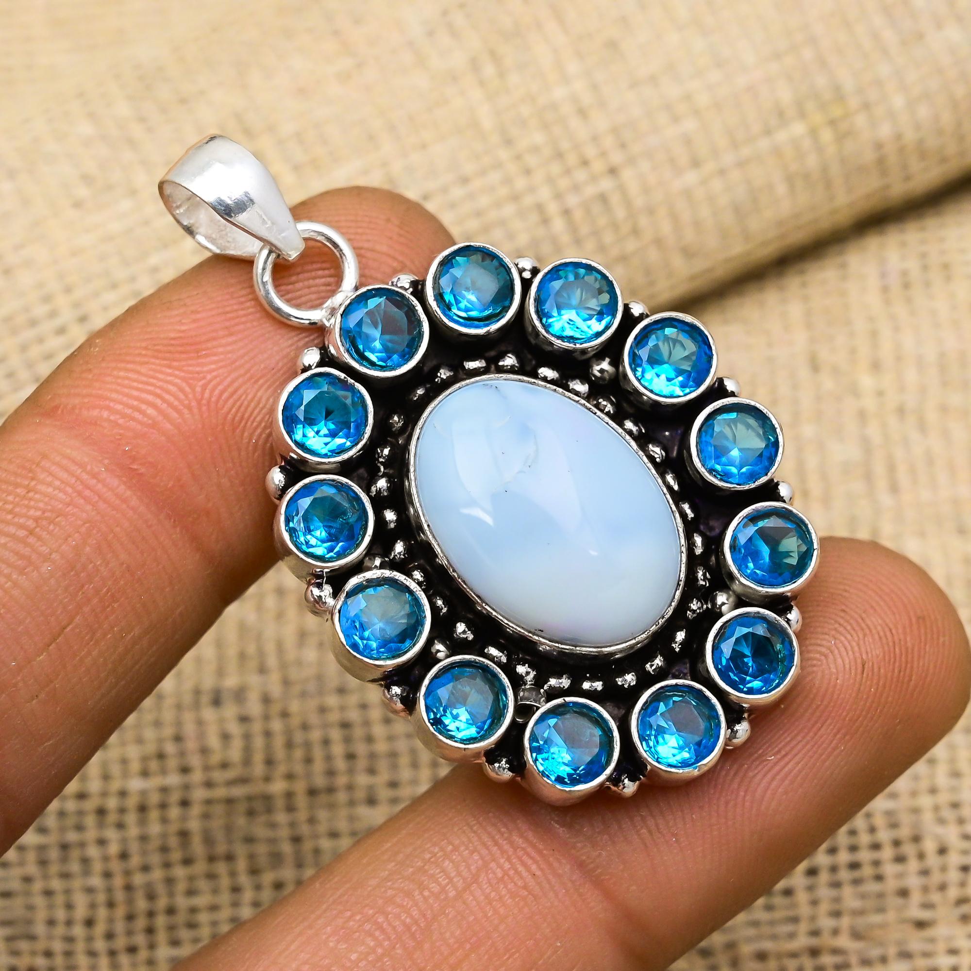 Owyhee Opal, Blue Topaz Gemstone 925 Sterling Silver Jewelry Handmade Pendant For Wedding Gift