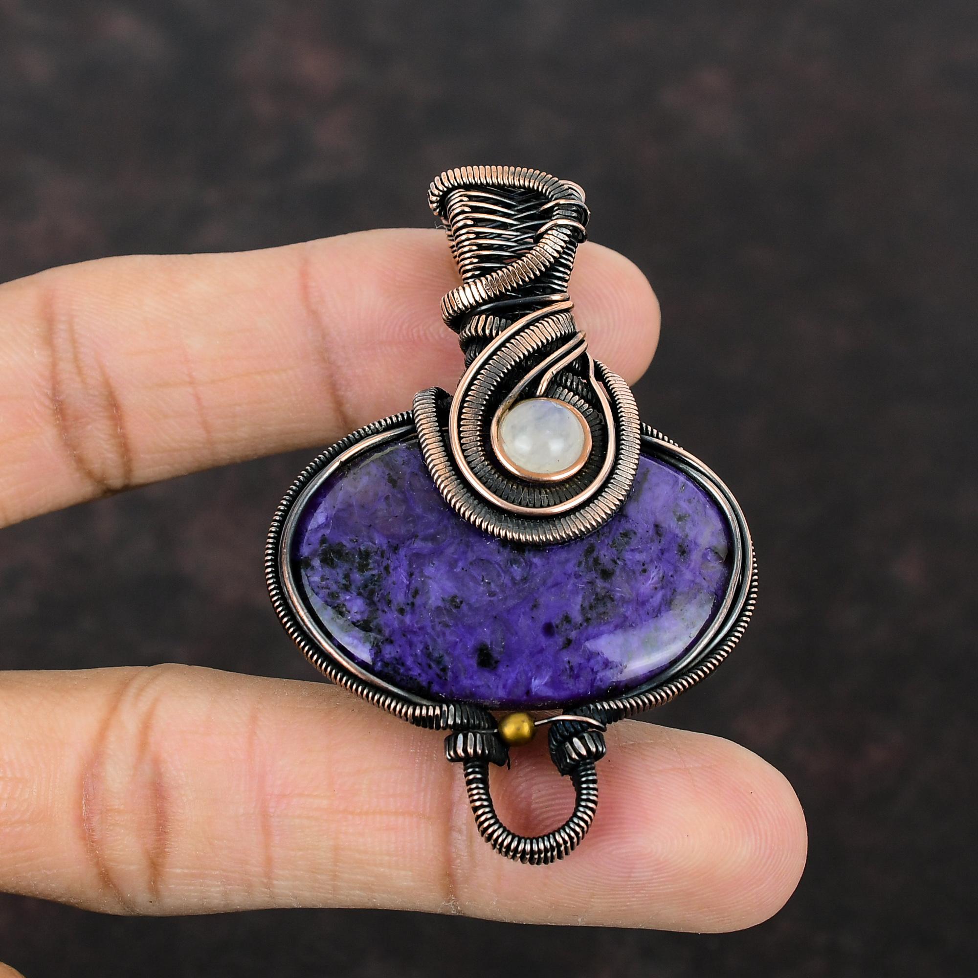 Подвеска из чароита, медная проволока, обернутая подвеска, ювелирные изделия из драгоценных камней, подвеска ручной работы, подвеска из радужного лунного камня, антикварная медная подвеска, подарок для нее