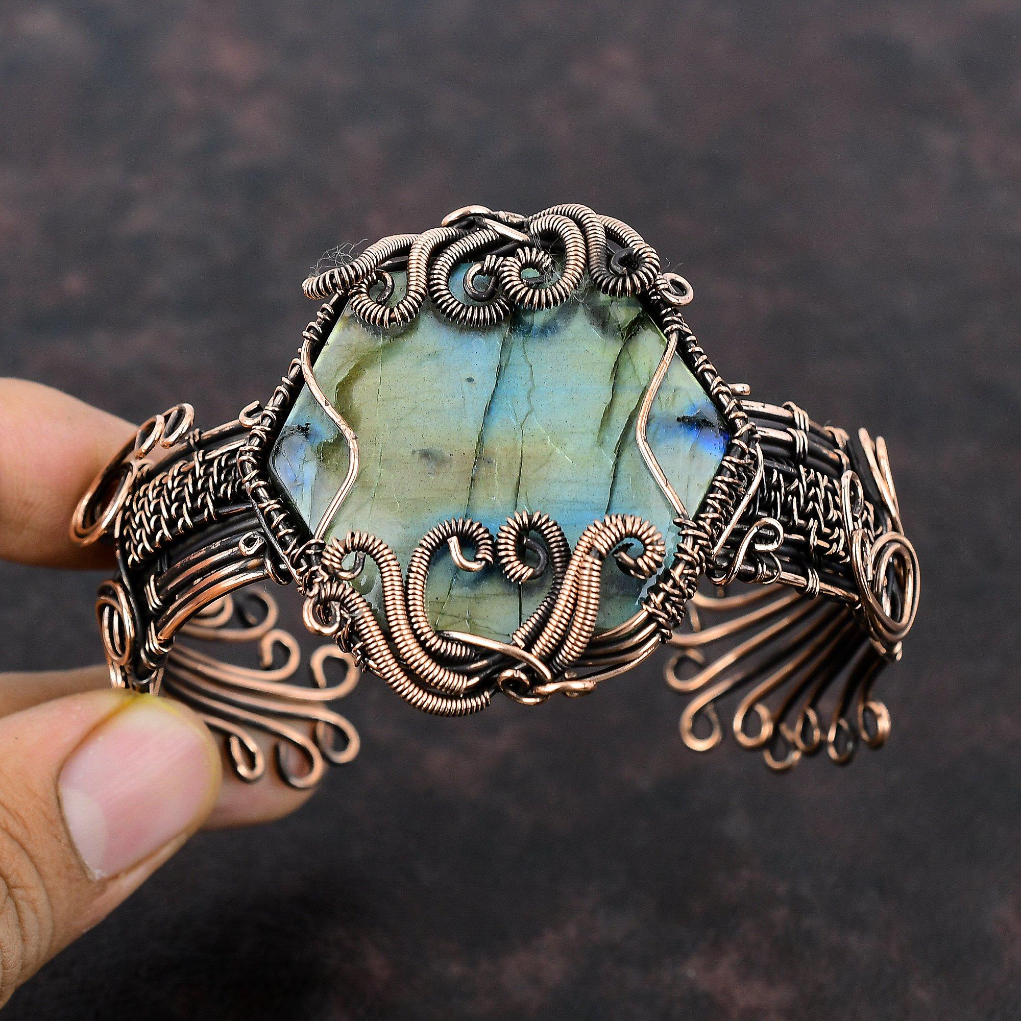 Лабрадорит Медный Браслет-манжета Проволочная обертка Регулируемый Браслет Оригинальный Браслет-манжета из драгоценных камней Медные украшения для подарка Ручной работы Браслет-манжета