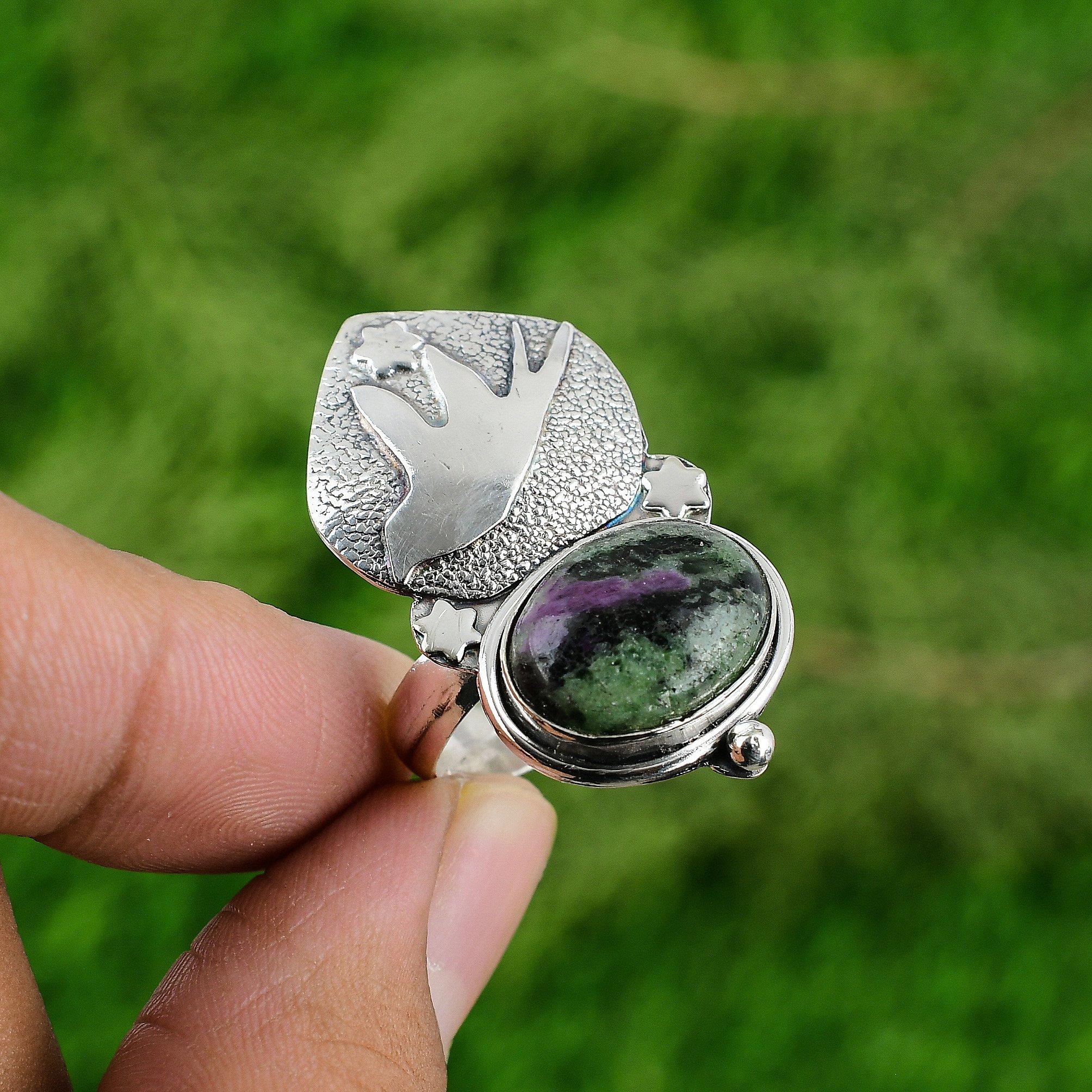 Gift For Women Stackable Bird Adjustable Ring 925 Silver Natural Ruby Zoisite