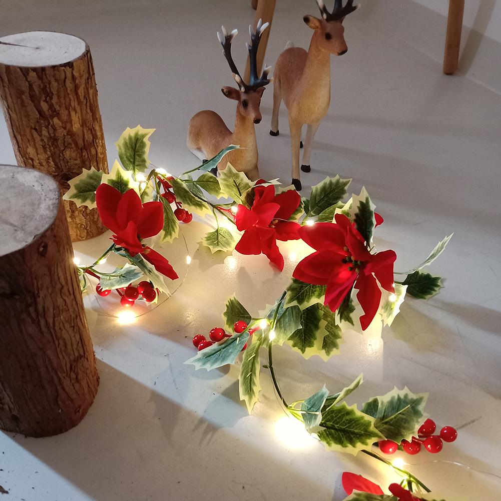 2 Meter Artificial Poinsettia Christmas Garland with Red Berries and Holly Leaves with LED String Lights For Christmas Decoration