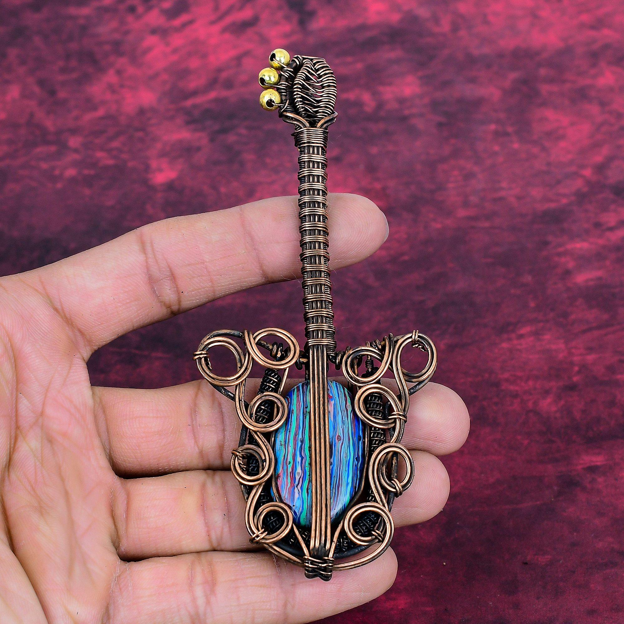 Rainbow Calsilica Gemstone Pendant Guitar Pendant Copper Wire Wrapped Jewelry