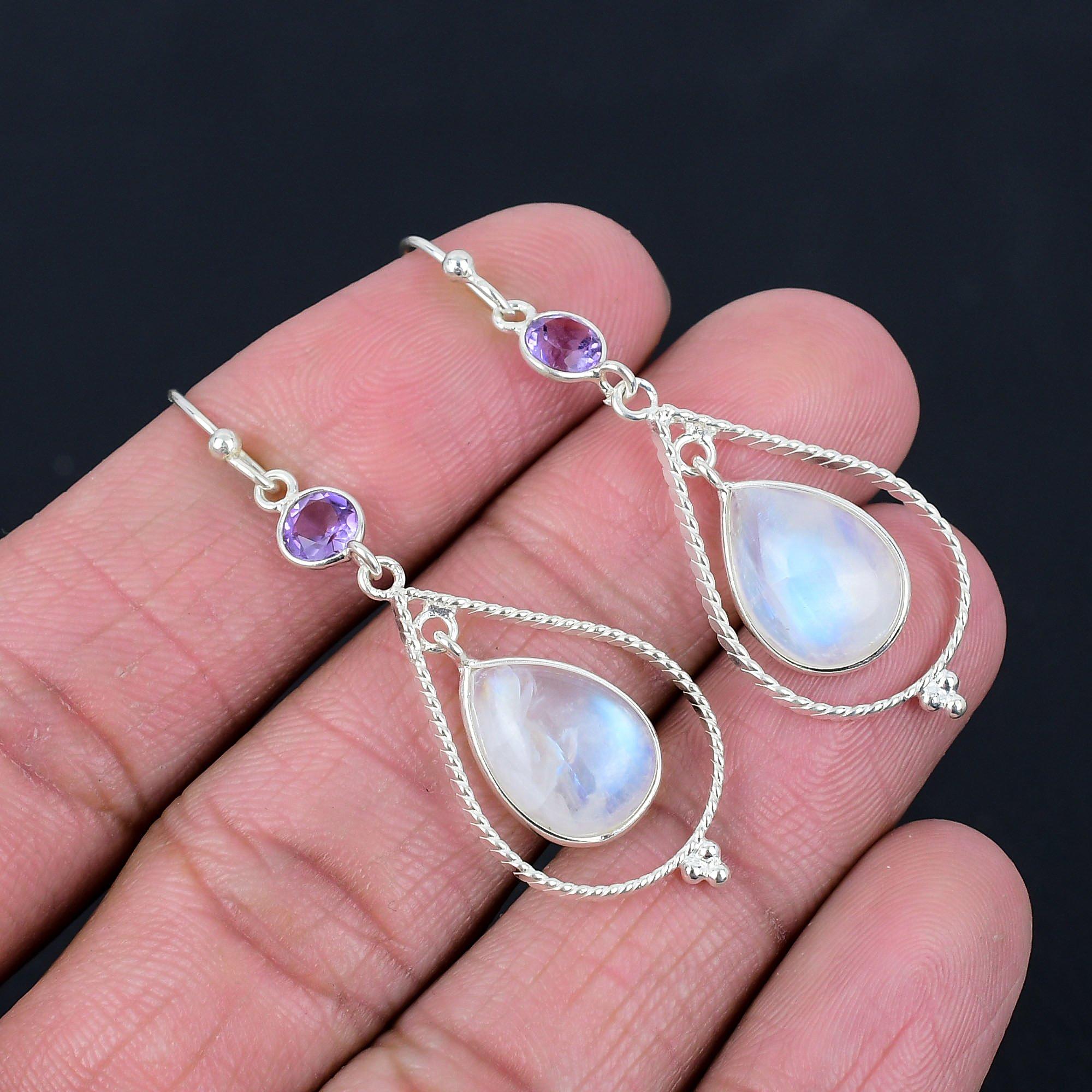 Серьги из натурального радужного лунного камня, твердые серьги из стерлингового серебра 925 пробы, серьги ручной работы, ювелирные изделия, подарок для женщин и девочек, E-167