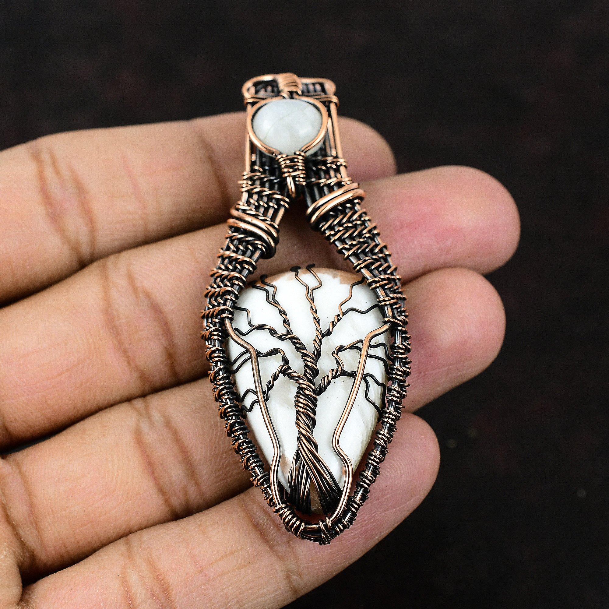 Подвеска из медной проволоки «Дерево жизни» из сколецита, обернутая медной проволокой, ювелирные изделия из радужного лунного камня, драгоценный камень, кулон ручной работы, подарок для матери