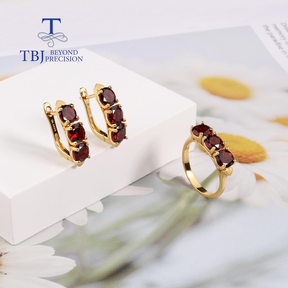 Комплект ювелирных изделий из стерлингового серебра 925 пробы с натуральным гранатом, круглые серьги с застежкой 6 мм, кольца, классический дизайн для женщин, жен, хороший подарок