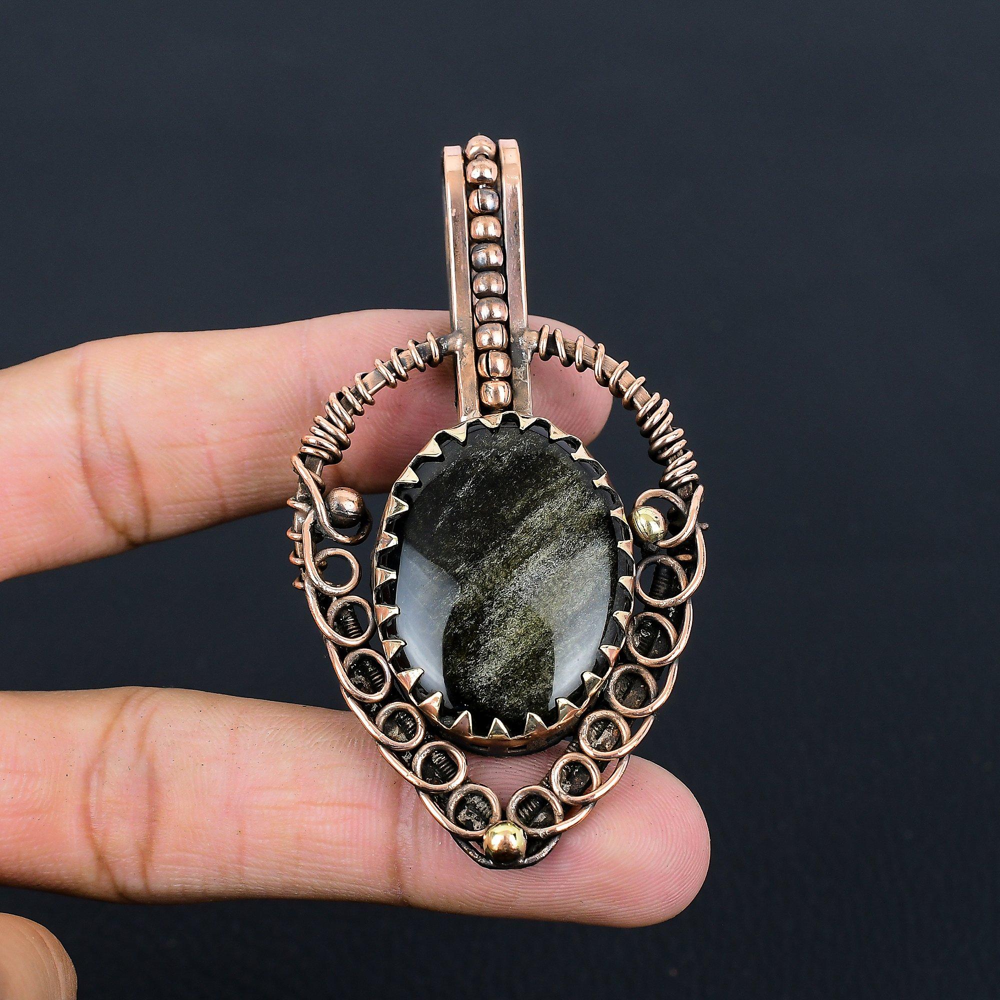 Silver Sheen Obsidian Gemstone Handmade Jewelry Pure Copper Wire Wrapped Pendant
