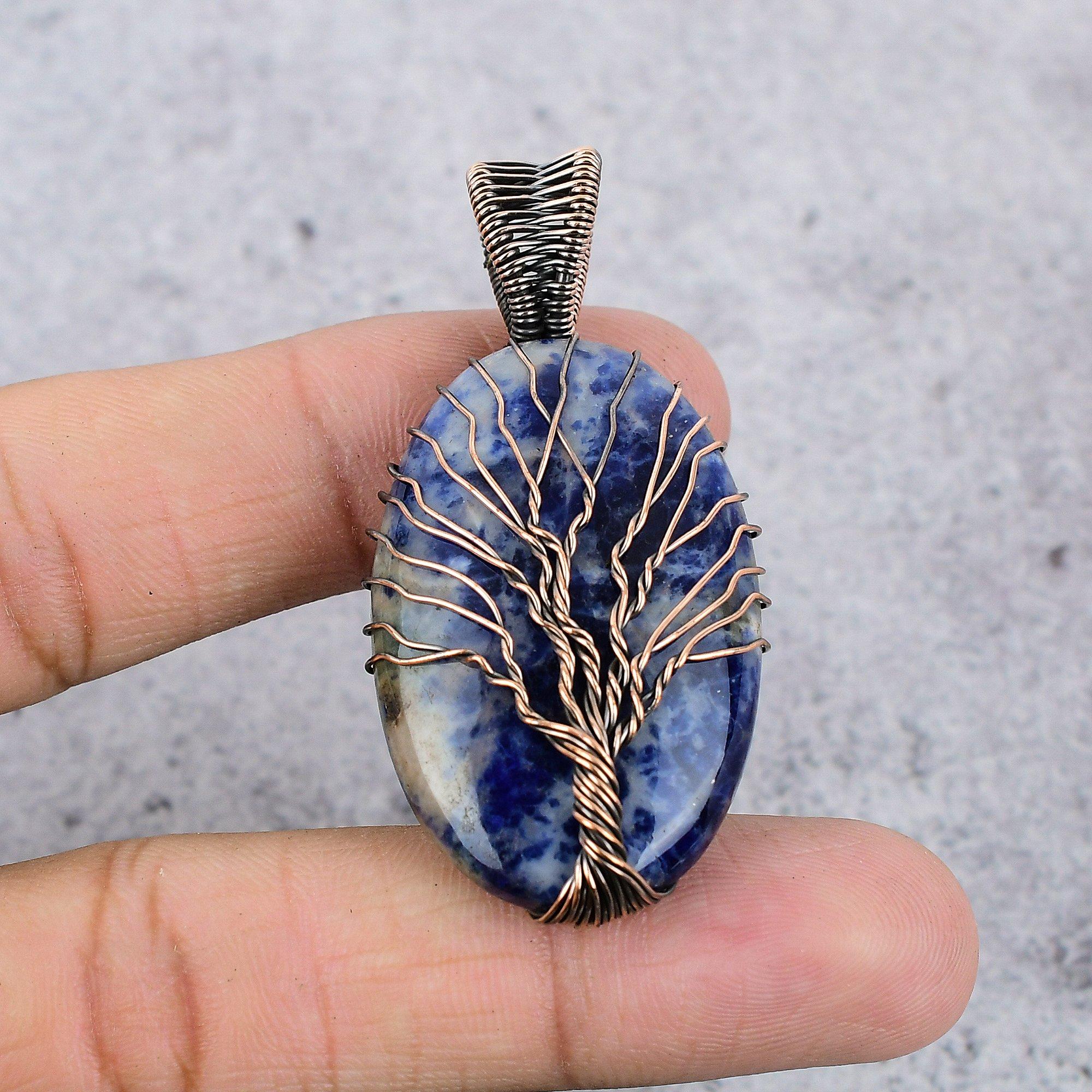 Tree Of Life Sodalite Pendant, Gemstone 999 Copper Wire Wrapped Jewelry Pendant, Handmade Jewelry Birthstone Pendant, Gift For Him
