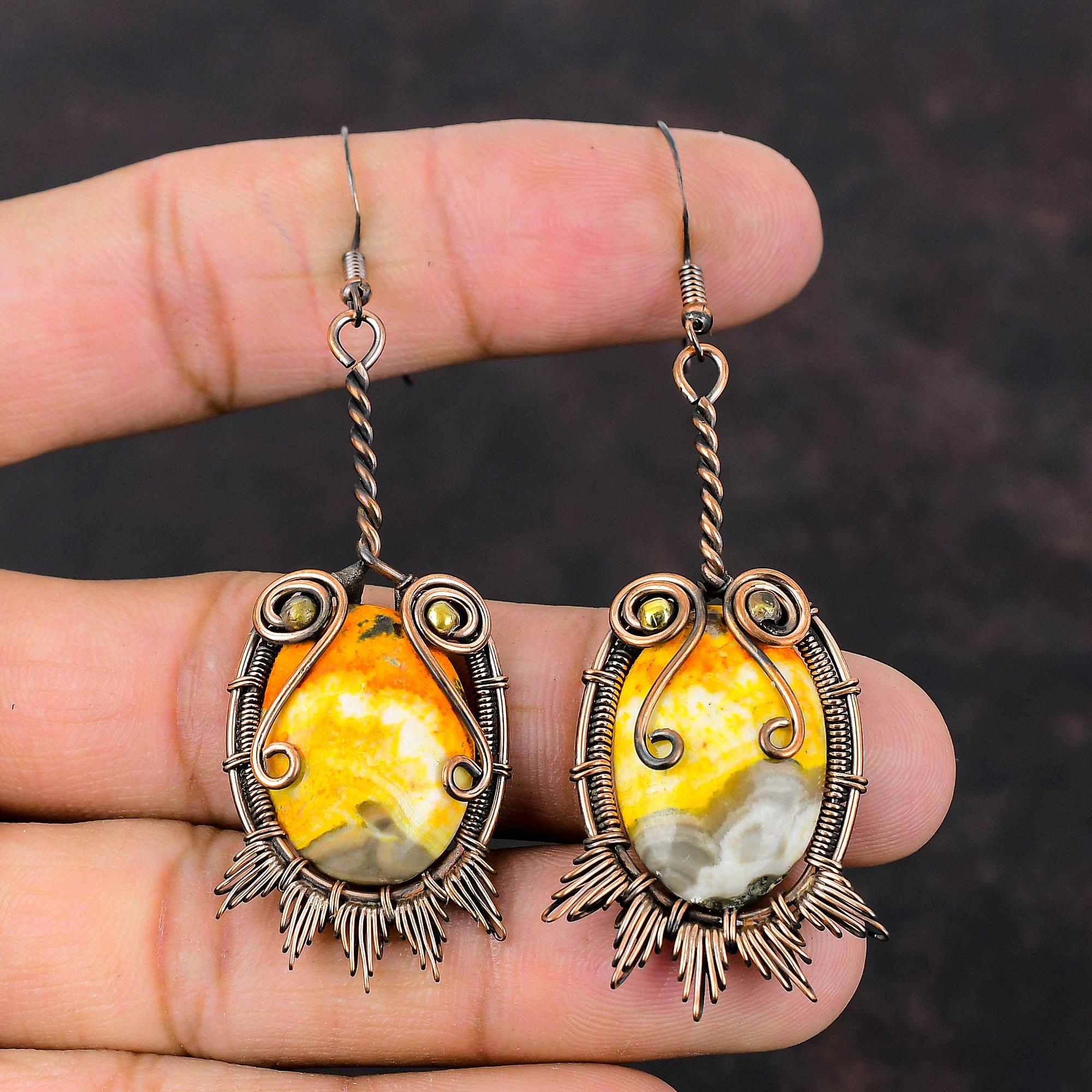 Серьги «Шмель-пчела» из яшмы, серьги из медной проволоки, уникальные серьги ручной работы, ювелирные изделия из драгоценных камней, серьги-капли, подарок для мамы, медные украшения