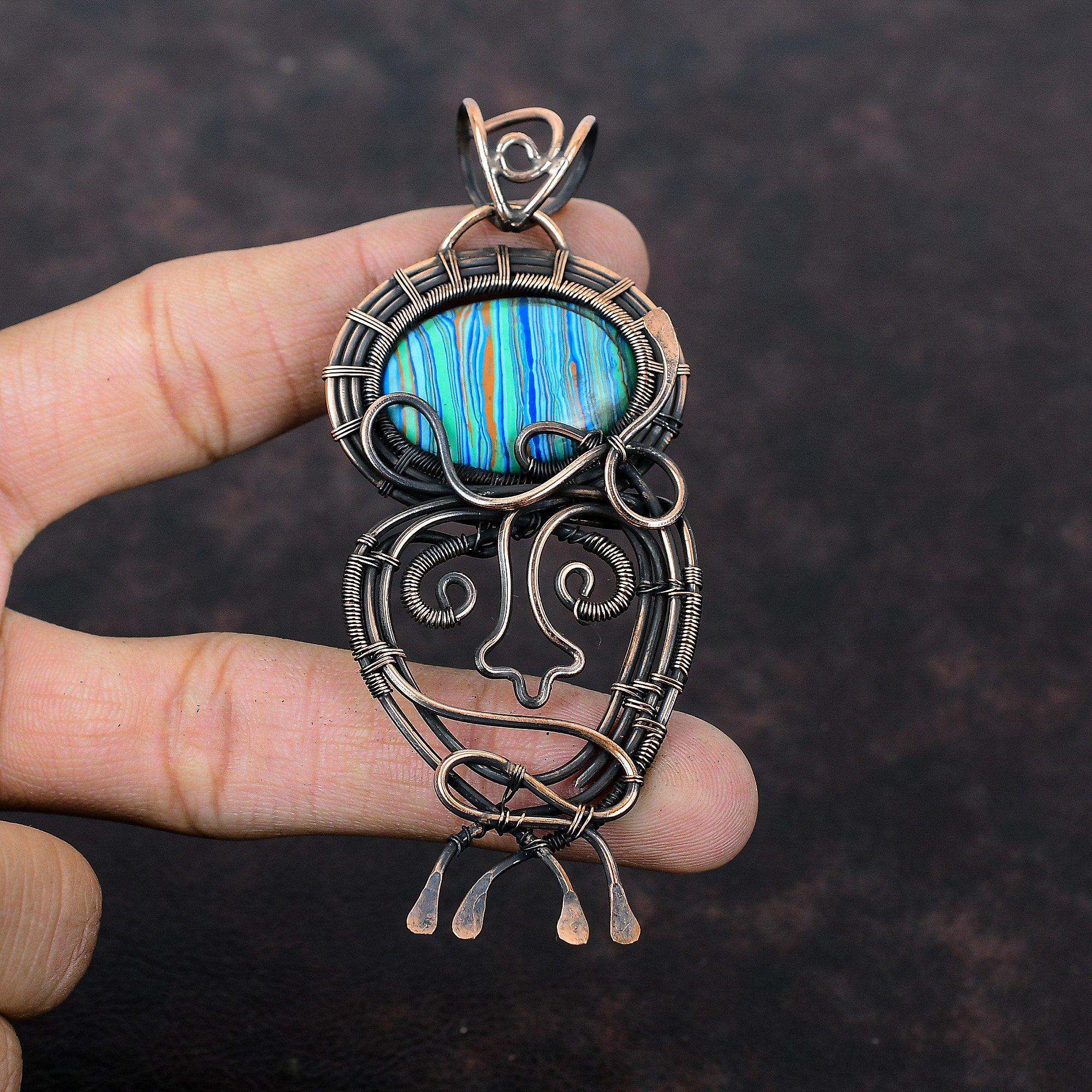 Подвеска Rainbow Calsilica, обернутая медной проволокой, подвеска из драгоценного камня, настоящая радужная кальциевая бижутерия, ручная работа, обернутая медной проволокой, подарок для него