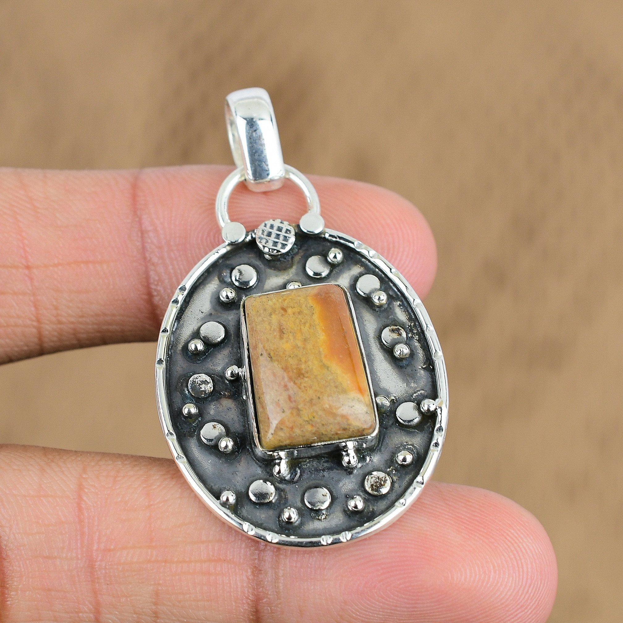 Подвеска из натурального камня яшмы-картины, серебро 925 пробы, индийские украшения