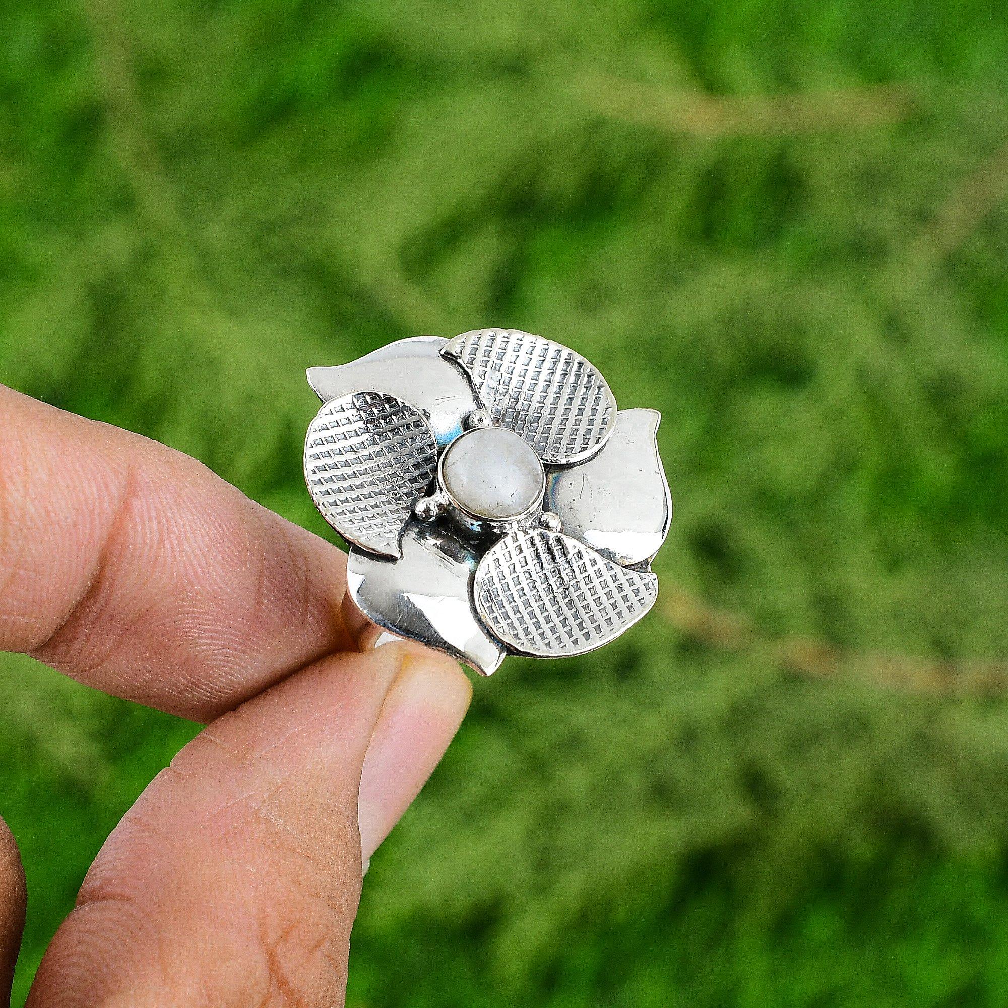Natural Rainbow Moonstone Stackable Flower Adjustable Ring 925 Silver