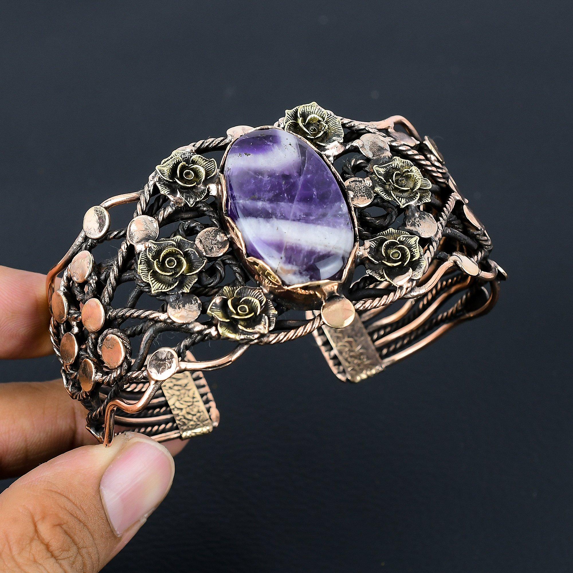 Шалфей Аметист Драгоценный камень Чистая медная проволока Обернутая вручную манжета/браслет Ювелирные изделия