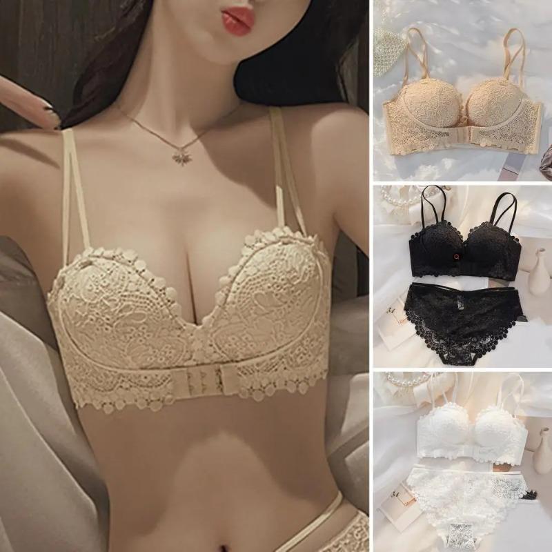 No Wire Lace Bra Thin Push-up Underwear Women's Lace Spaghetti Strap Underwear with Push Up Wireless Bra Mid Waist