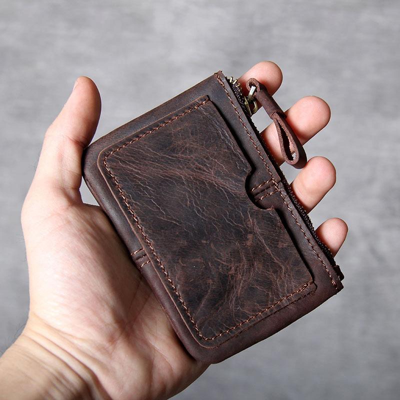 Retro Top Layer Cowhide Genuine Leather Mens Thin Purse Small Wallet Slim Zipper Key Coin Holders Loose Change Pocket Pouches