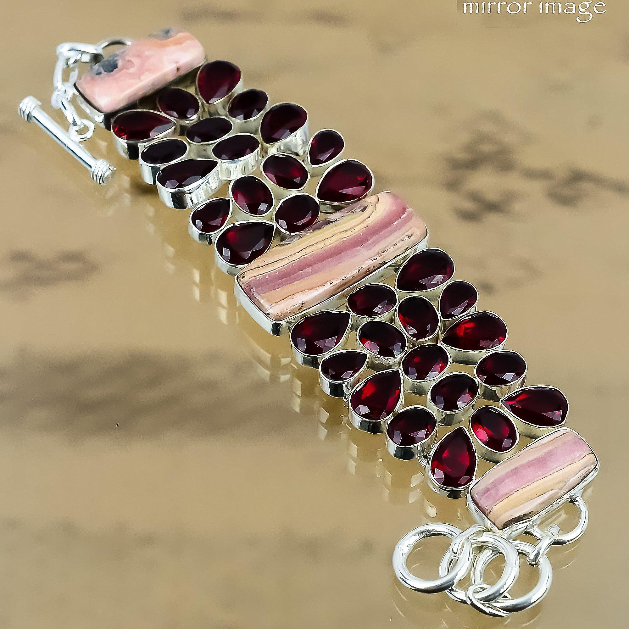 925 Sterling Silver Natural Rhodochrosite Mozambique Garnet Chain Boho Bracelet