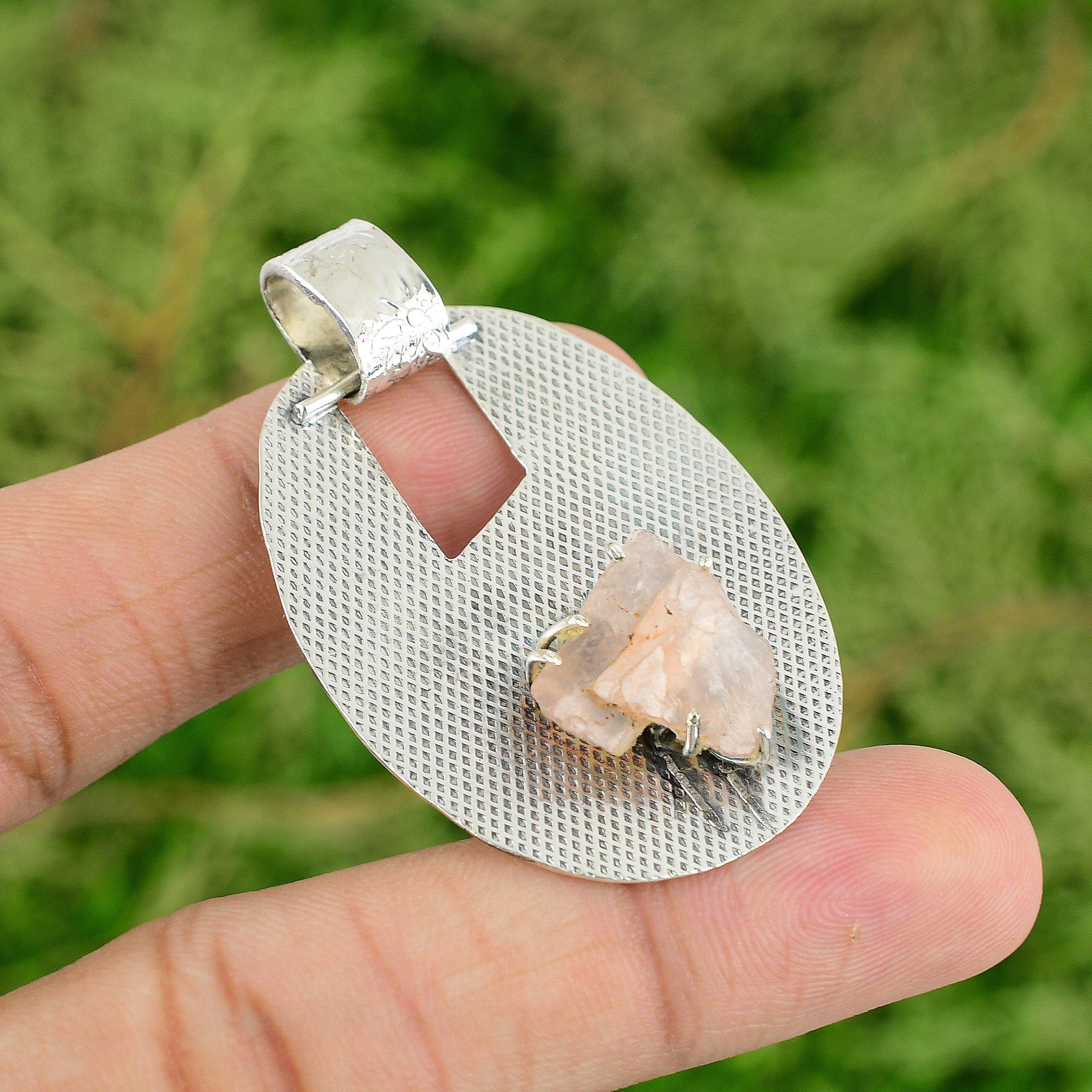 925 Sterling Silver Octagon Rose Quartz Rough Gemstone Anniversary Wife Pendant