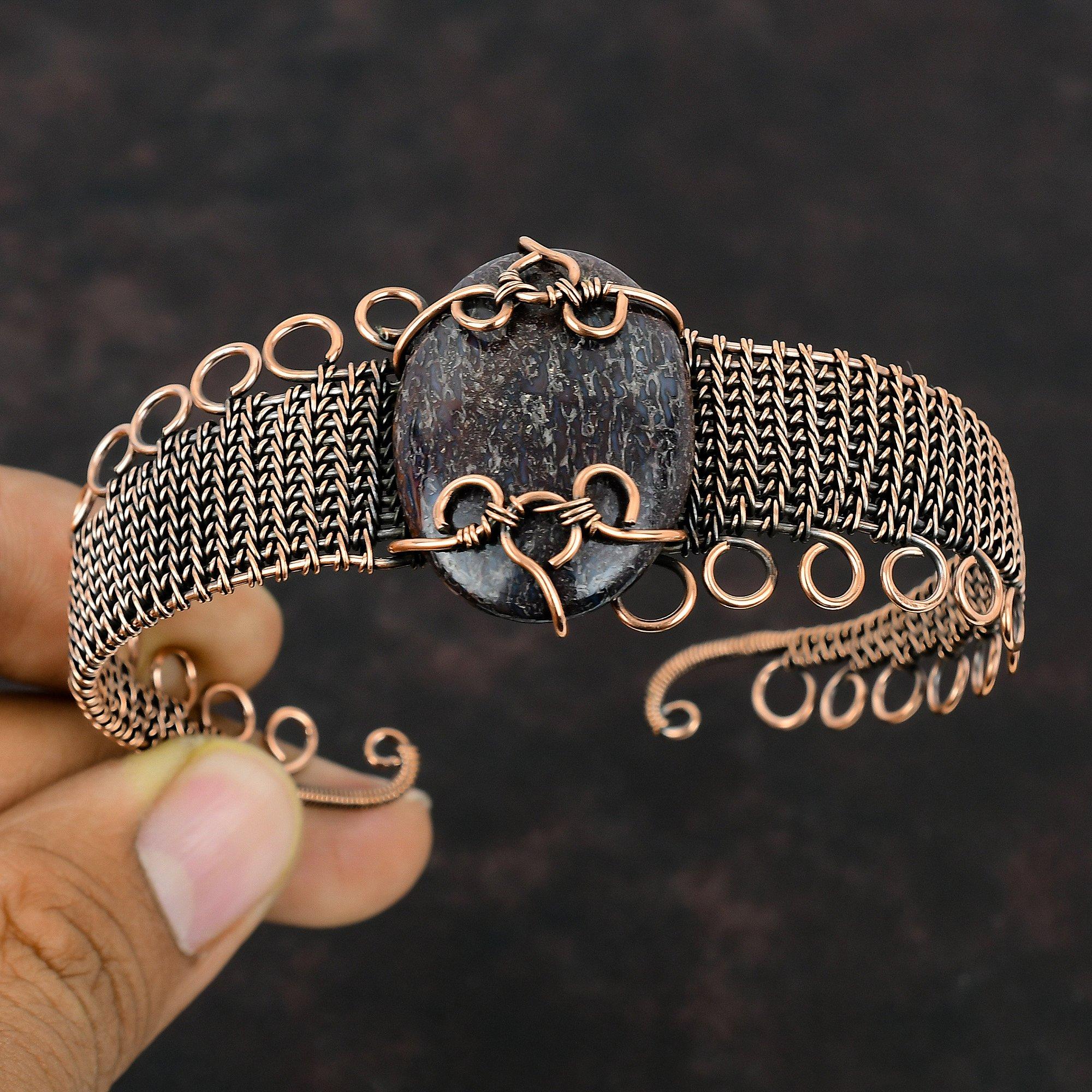 Браслет-манжета из кости динозавра, браслет из медной проволоки, регулируемый браслет-манжета, браслет из драгоценных камней, медная проволока ручной работы, ювелирное изделие, подарок для мамы