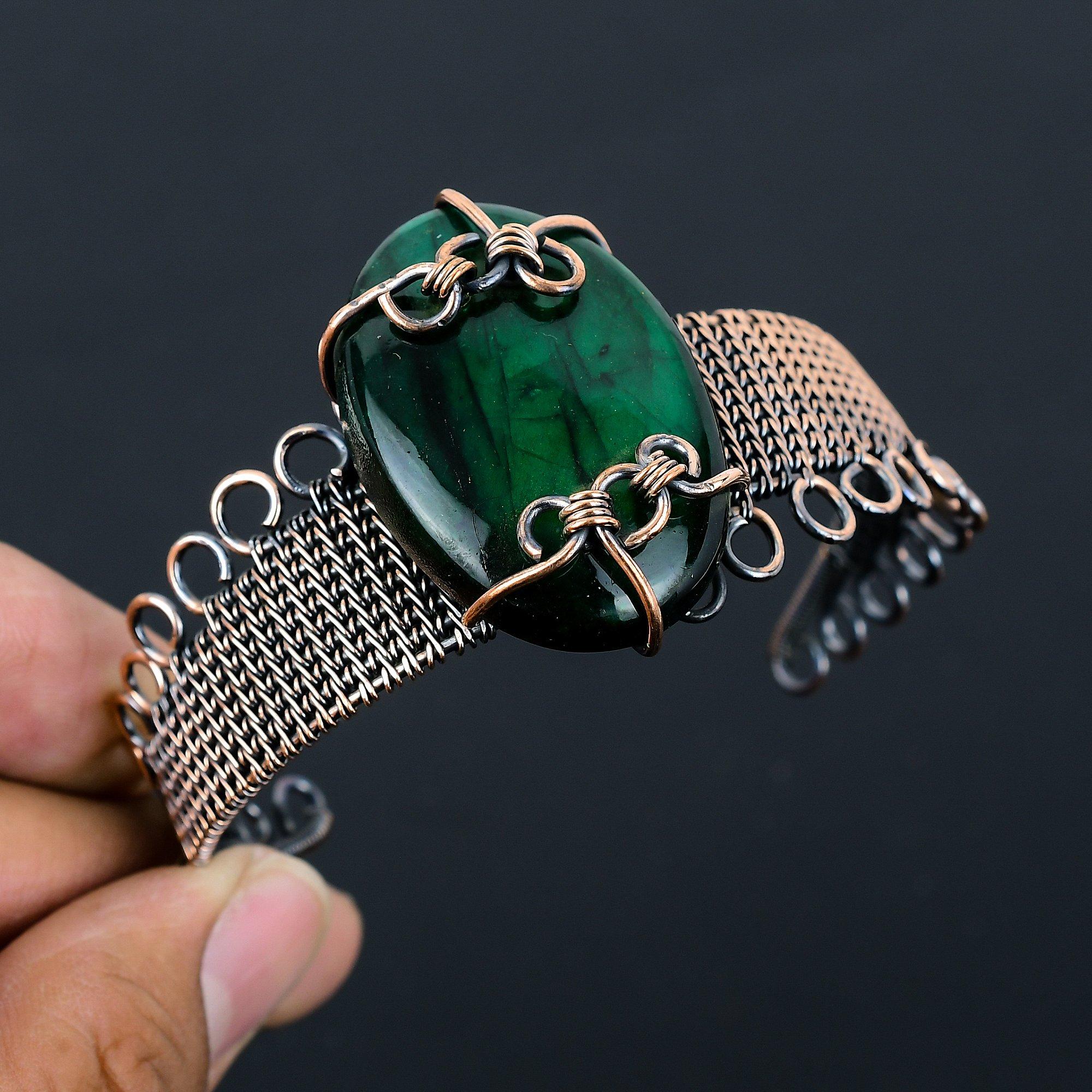 Зеленый флэш-лабрадорит, драгоценный камень, чистая медная проволока, завернутая в манжеты/браслет ручной работы, ювелирные изделия для подарка