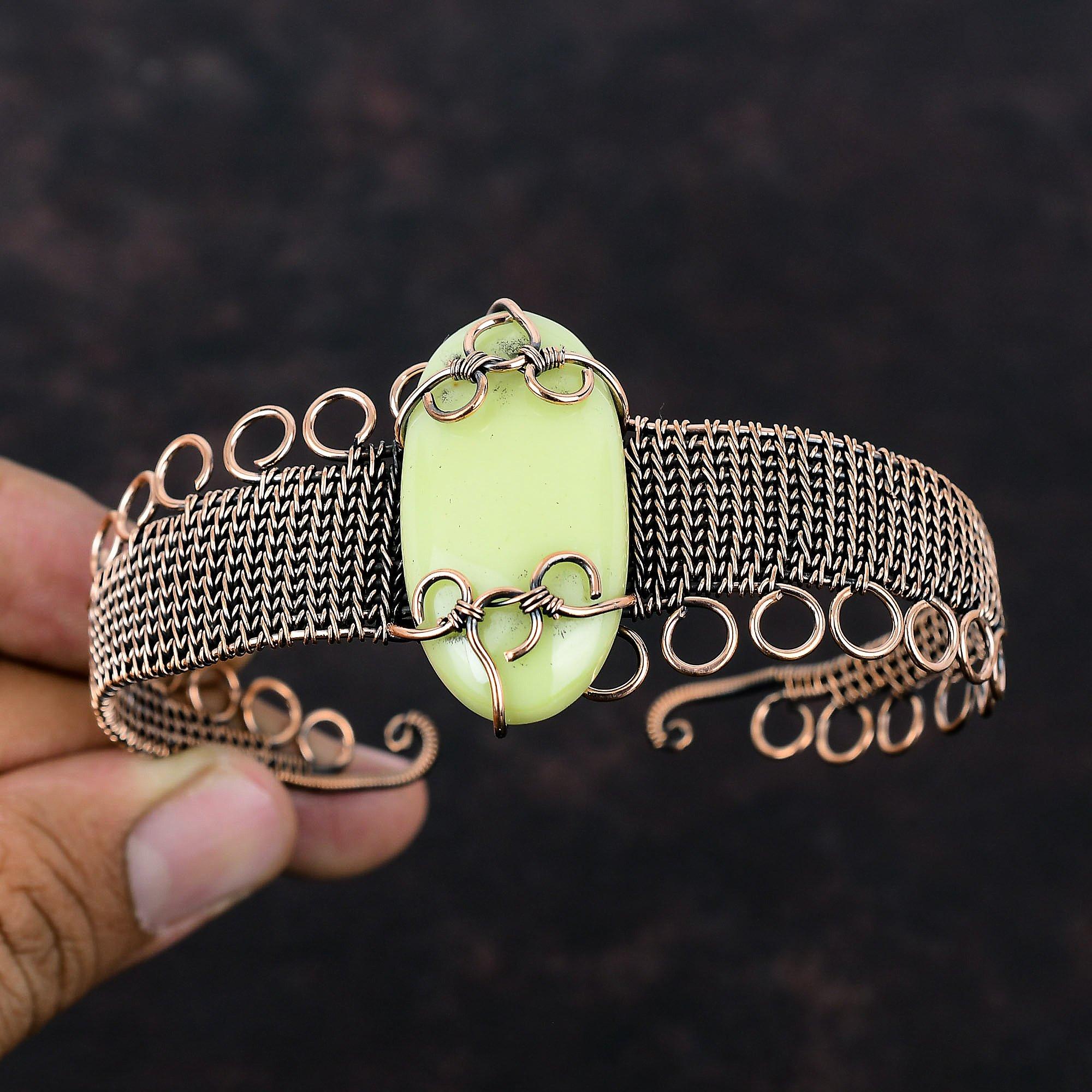 Serpentine Cuff Bracelet Copper Wire Wrapped Bangle Adjustable Cuff Bracelet Natural Gemstone Bangle Handmade Copper Jewelry Gift For Women