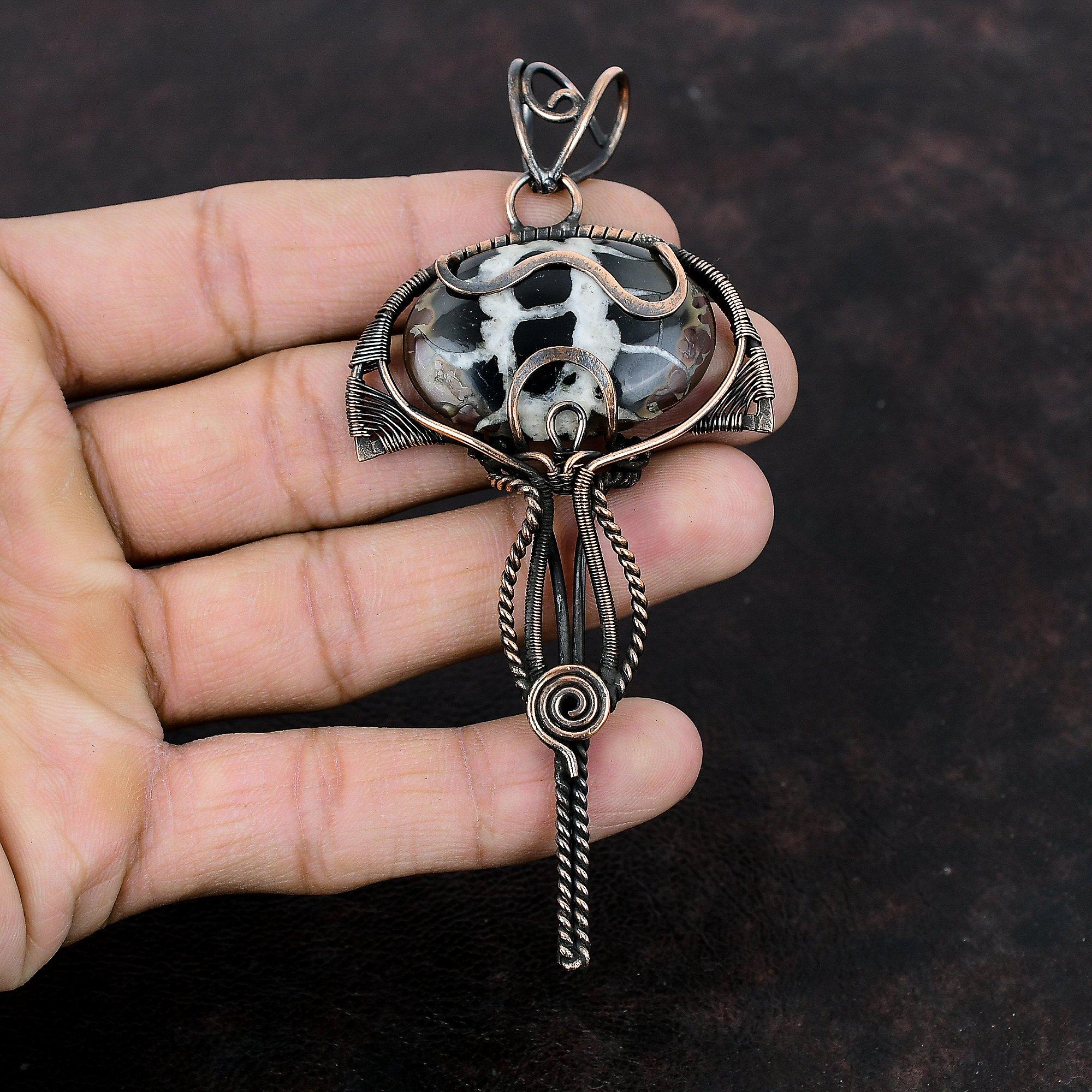 Подвеска из окаменелости в виде трещины в марокканской грязи, обернутая медной проволокой, ручная работа, медная бижутерия, подвеска для женщин, изящные драгоценные камни, свадебный подарок