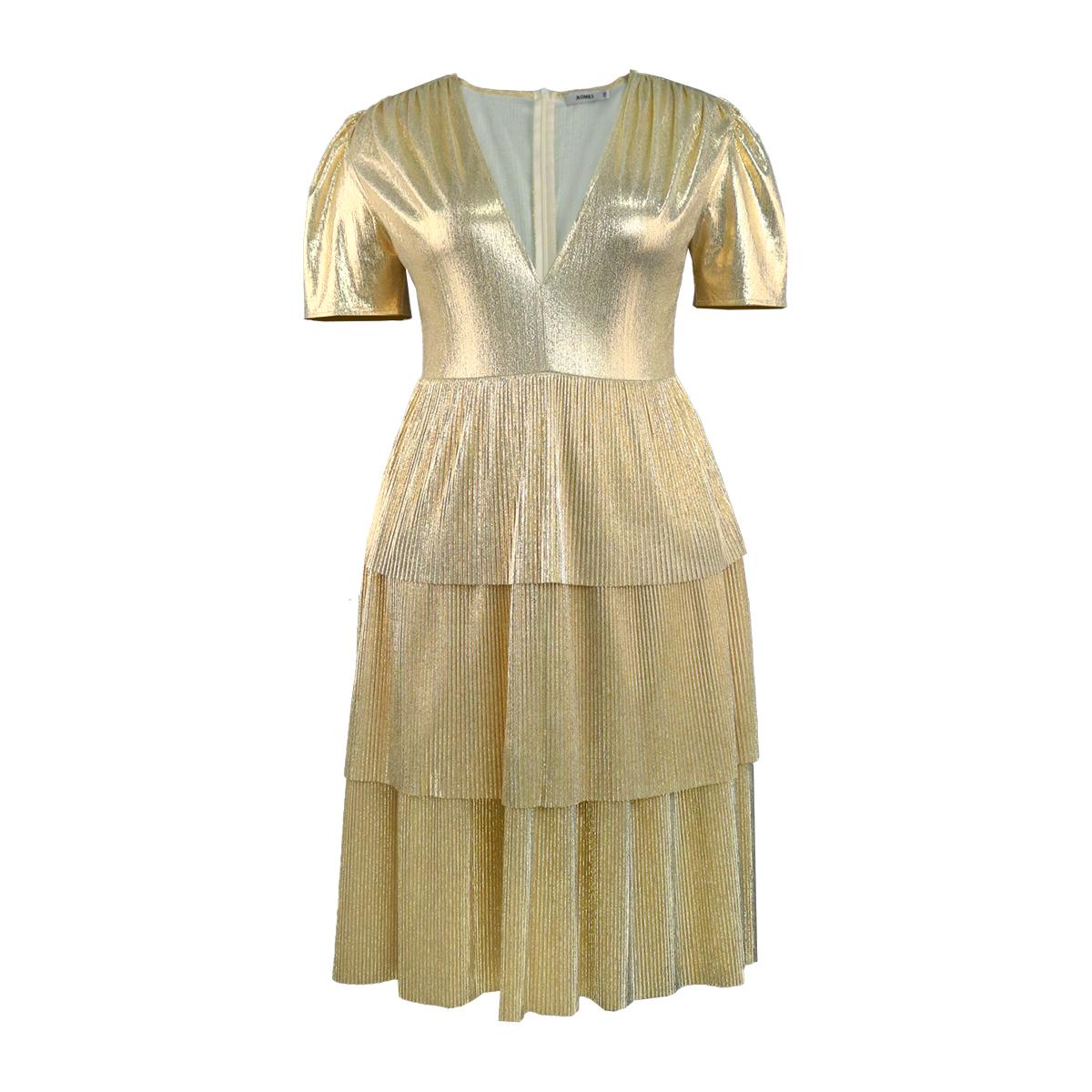 AOMEI Платья с V-образным вырезом для женщин, золотые, с короткими рукавами, с высокой талией, с оборками, большие размеры, повседневные вечерние коктейльные платья