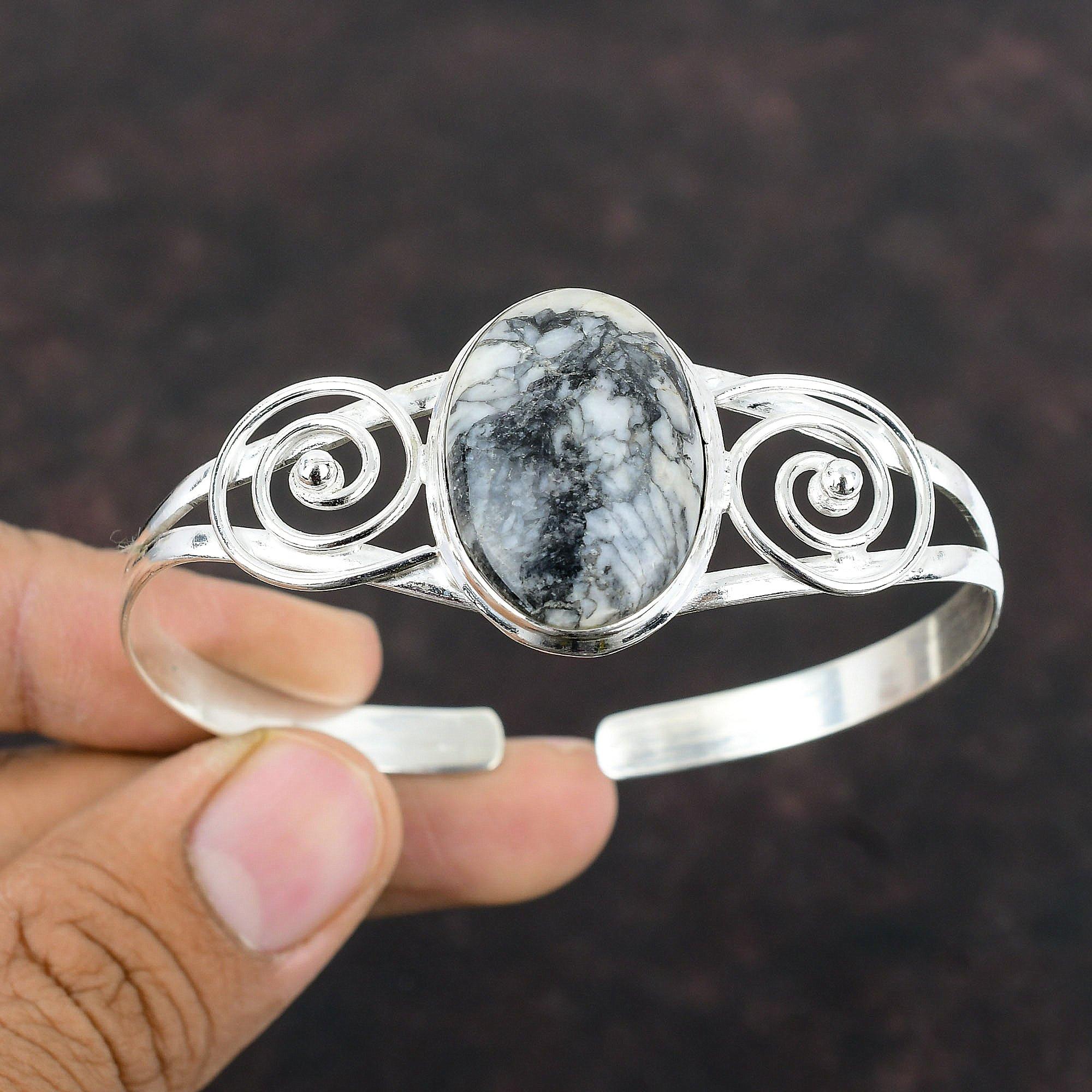 Браслет-манжета из пинолита с яшмой, браслет-манжета ручной работы, браслет из стерлингового серебра 925 пробы, регулируемый браслет, браслет-манжета с драгоценным камнем, новые ювелирные изделия для подарка