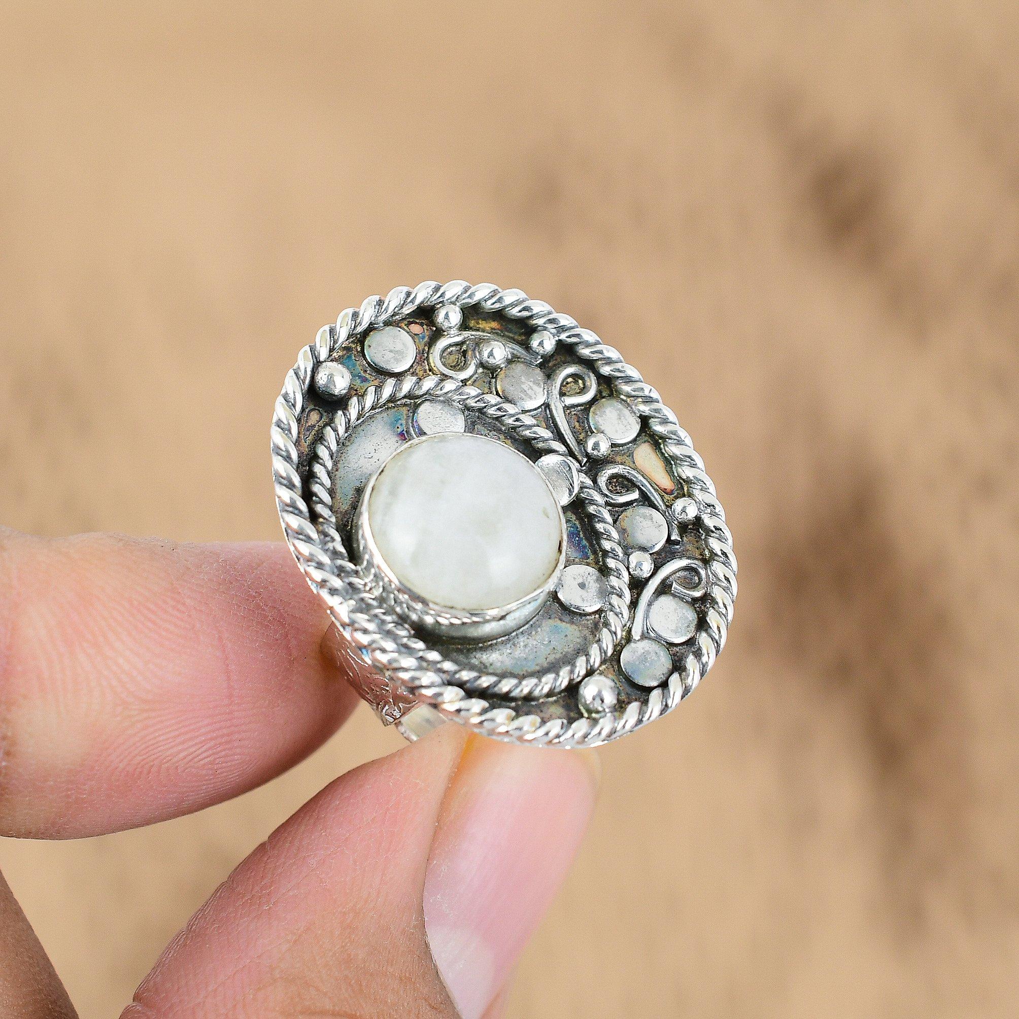 Round Rainbow Moonstone Stone Sterling Silver Statement Promise Handcrafted Ring