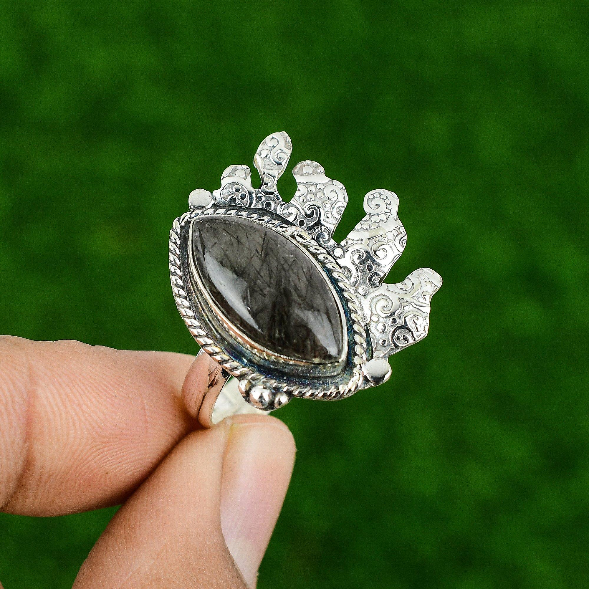 Natural Black Rutile Gemstone 925 Silver Statement Adjustable Ring For Girls